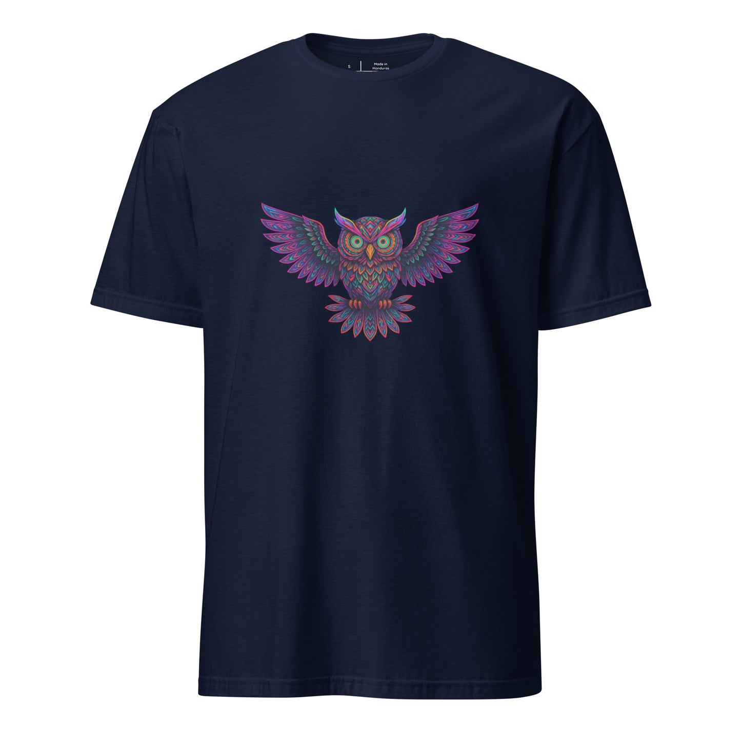 Psychedelic Owl – Trippy Neon Vision - Short-Sleeve Unisex T-Shirt - Graphic Tee - Navy - Front