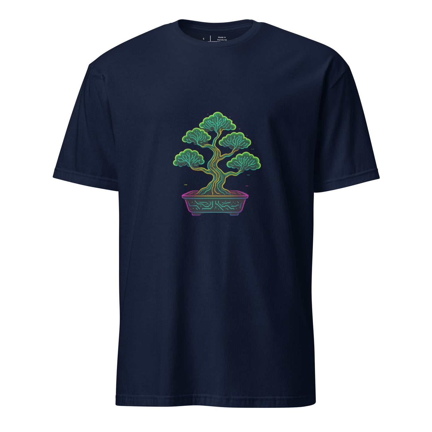 Cyber Bonsai – Neon Nature Fusion - Short-Sleeve Unisex T-Shirt - Graphic Tee - Navy - Front
