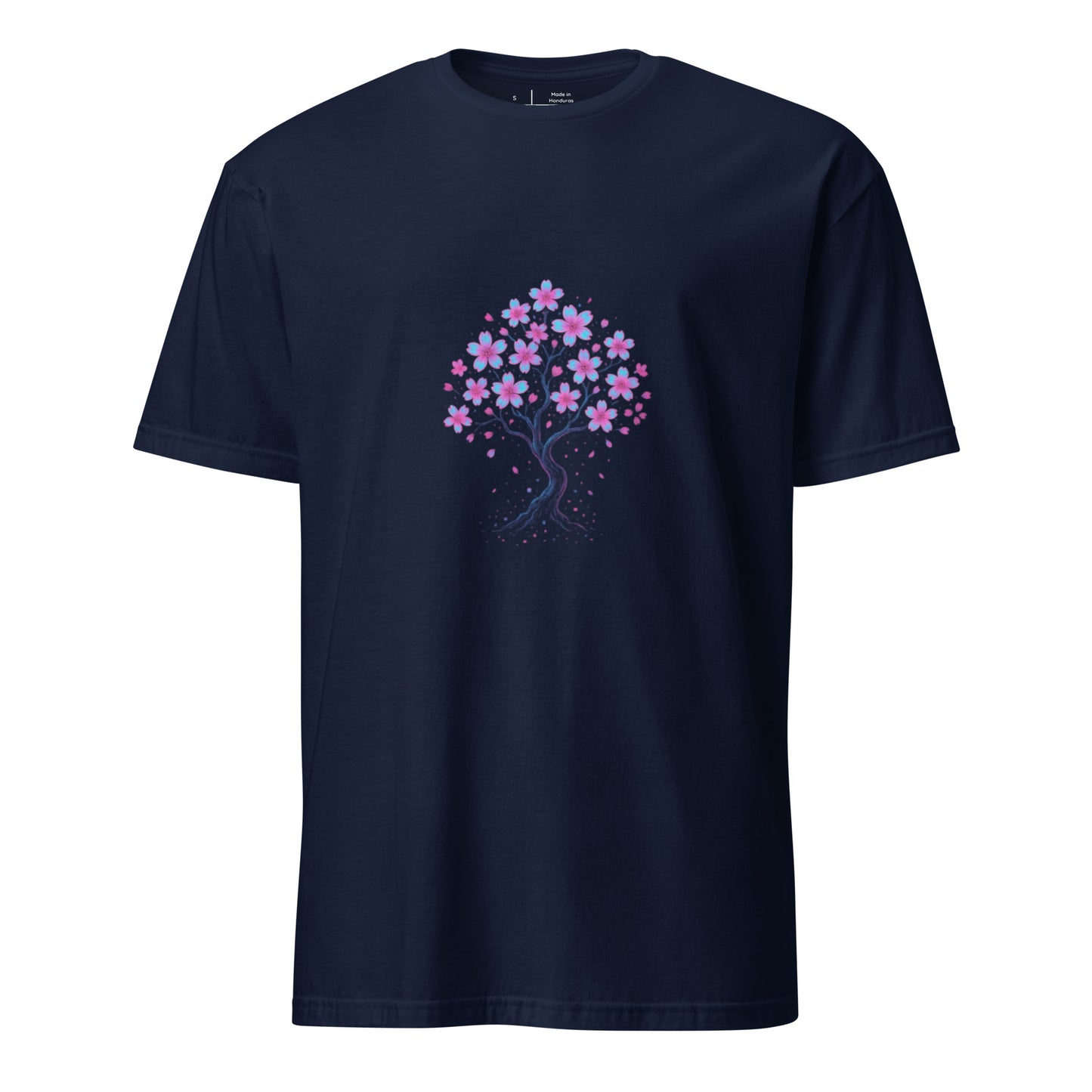 Digital Sakura Blossom – Holographic Harmony - Short-Sleeve Unisex T-Shirt - Graphic Tee - Navy - Front