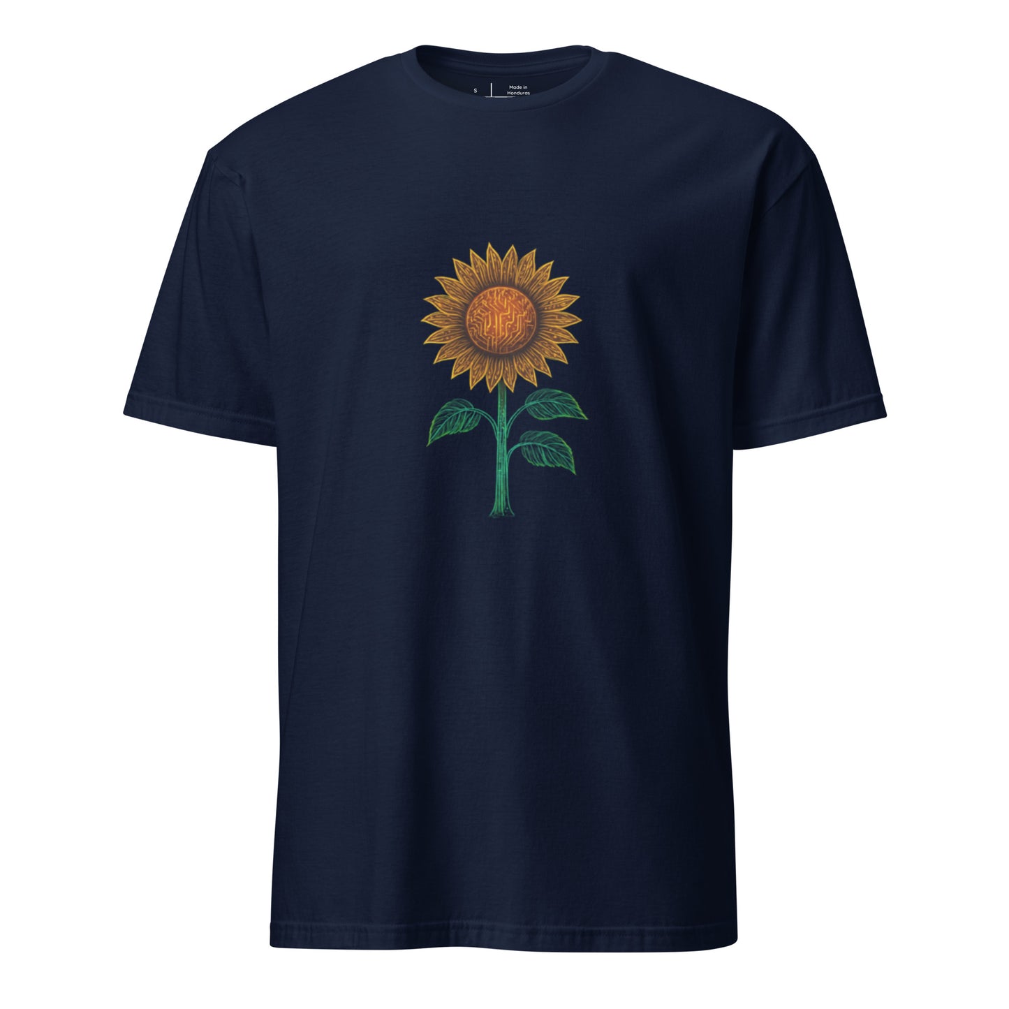 Circuitry Sunflower – Neon Tech Bloom - Short-Sleeve Unisex T-Shirt - Graphic Tee - Navy - Front