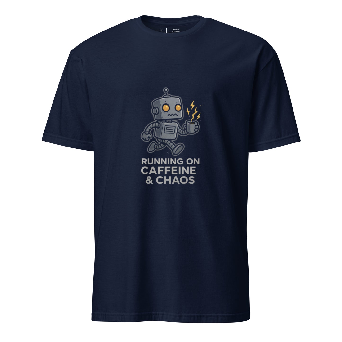 Running on Caffeine & Chaos – Cyber Coffee Robot - Short-Sleeve Unisex T-Shirt - Graphic Tee - Navy - Front