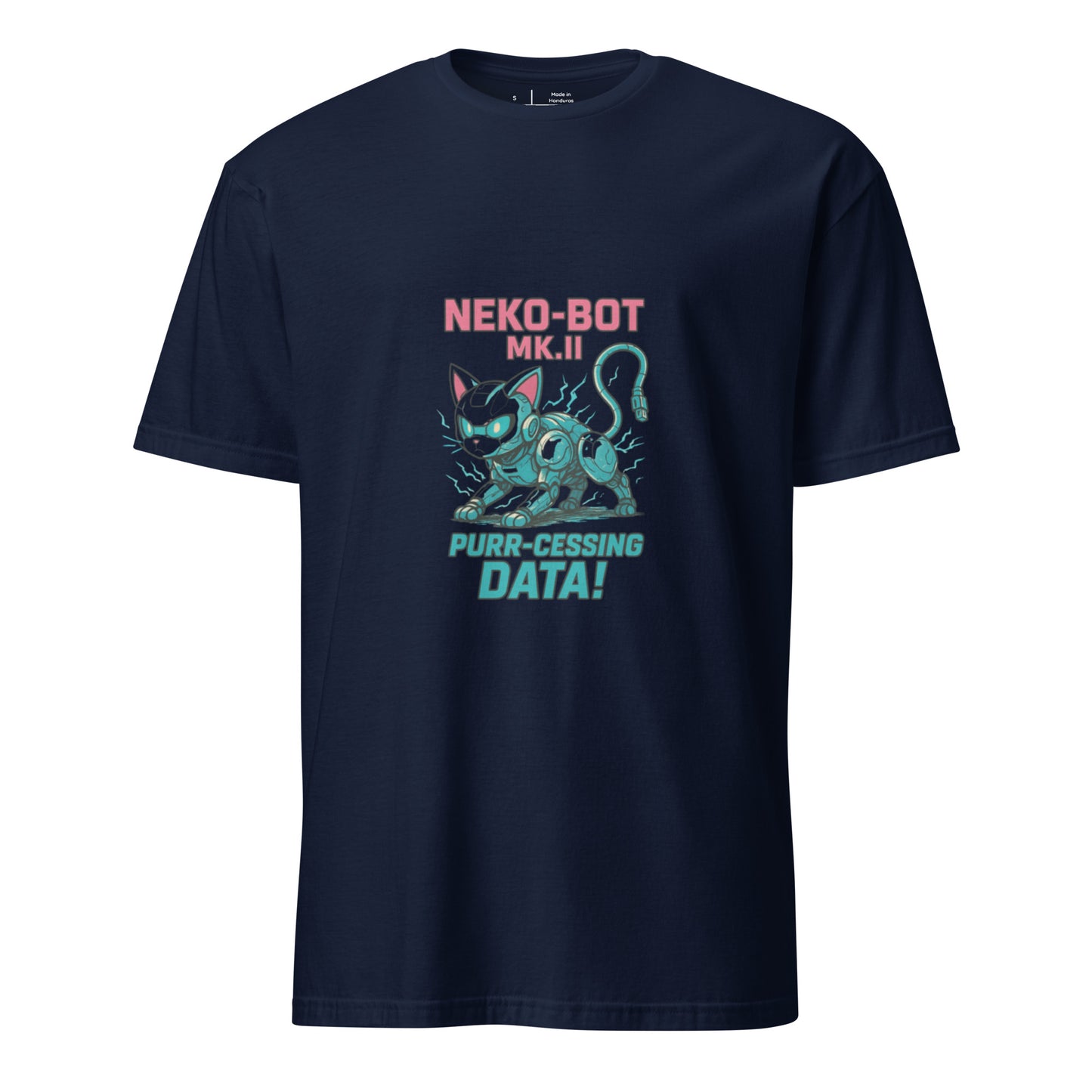 Neko-Bot Mk. II – “Purr-cessing Data…” - Short-Sleeve Unisex T-Shirt - Graphic Tee - Navy - Front