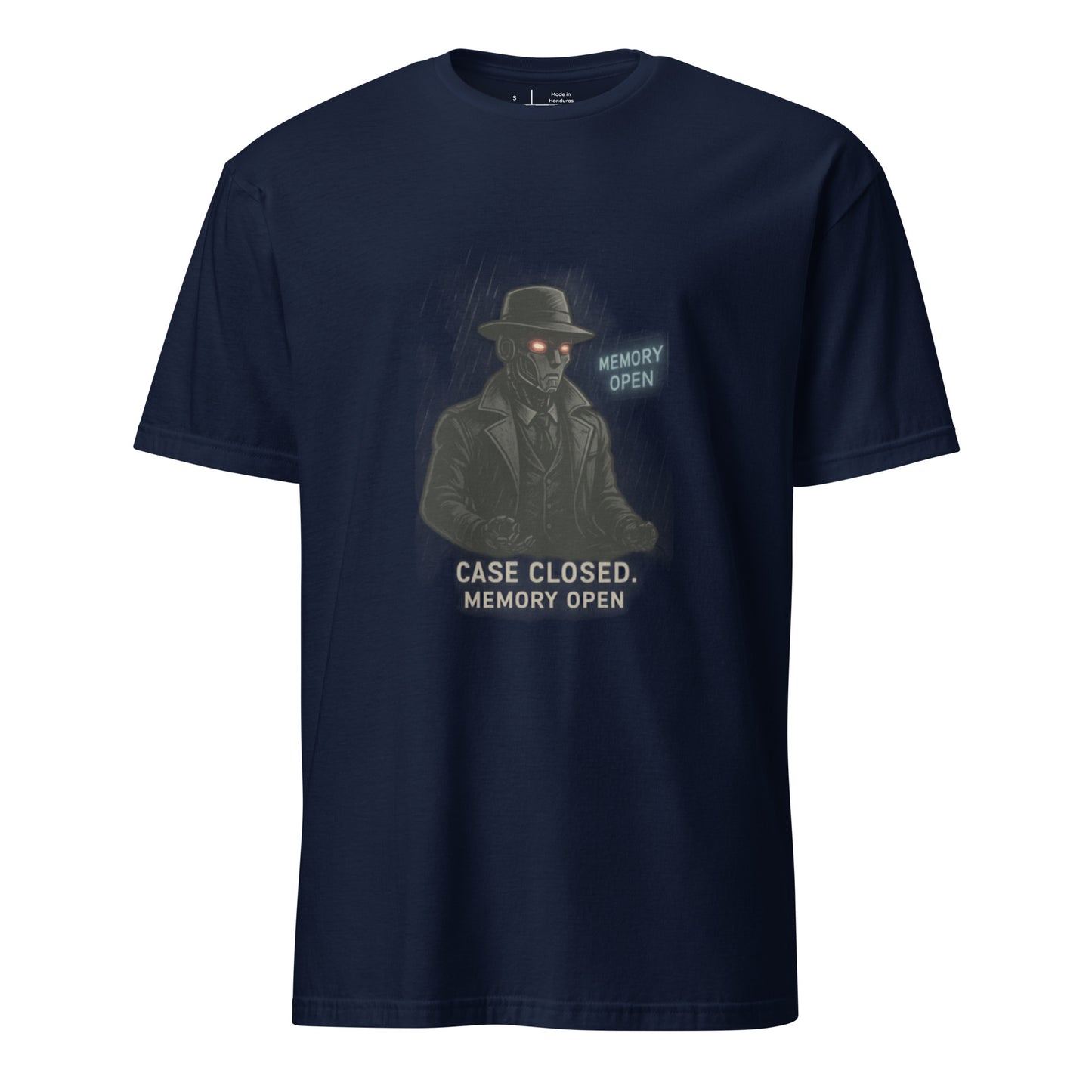 Mecha Noir – Cyberpunk Detective - Short-Sleeve Unisex T-Shirt - Graphic Tee - Navy - Front