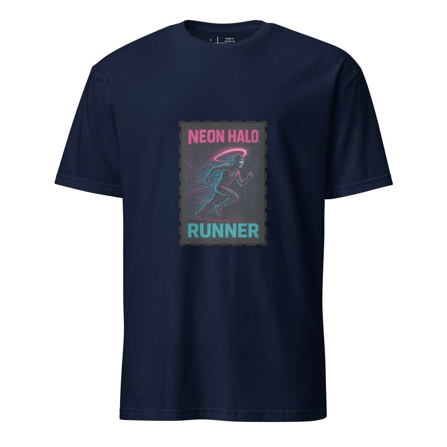 Neon Halo Runner - Cyber Adrenaline - Short-Sleeve Unisex T-Shirt - Graphic Tee - Navy - Front