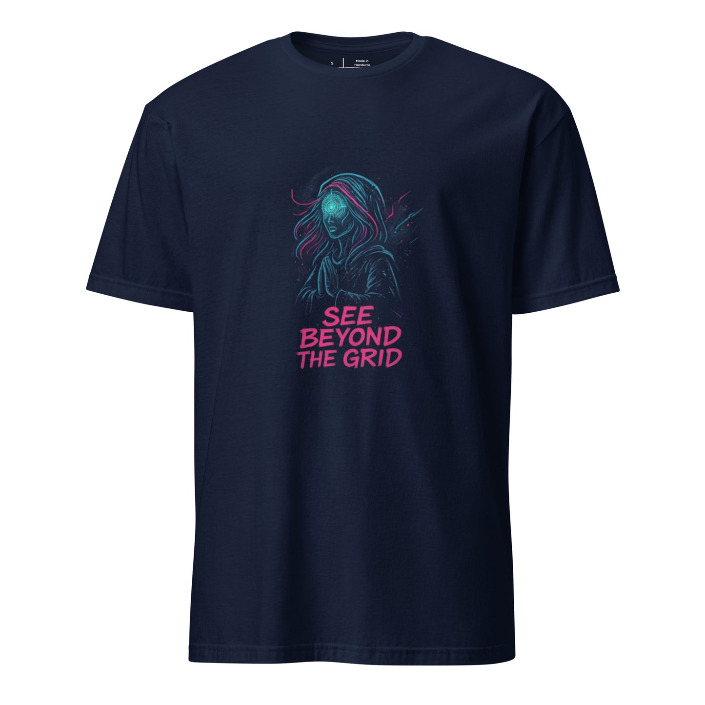 The Circuit Prophetess - Neon Mysticism - Short-Sleeve Unisex T-Shirt - Graphic Tee - Navy - Front