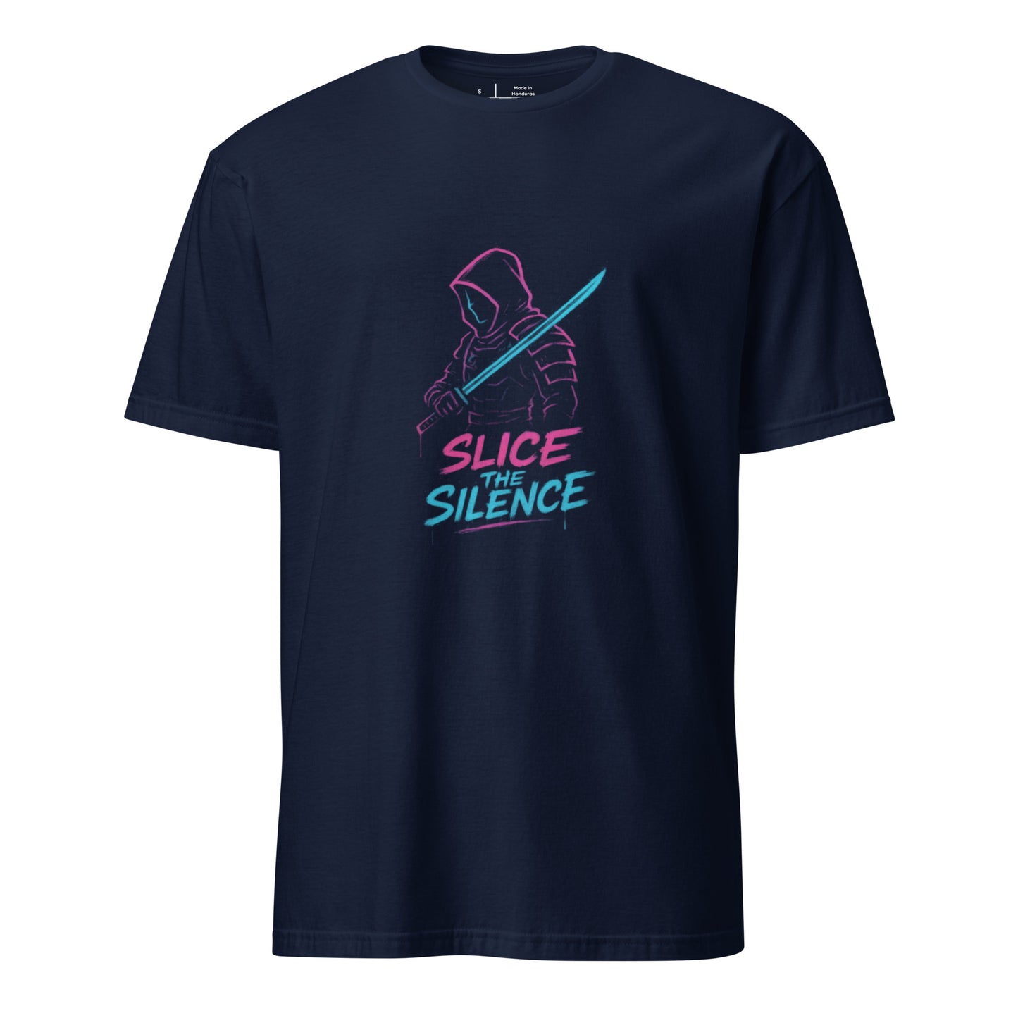 Synthwave Tag Samurai – “Slice the Silence.” - Short-Sleeve Unisex T-Shirt - Graphic Tee - Navy - Front