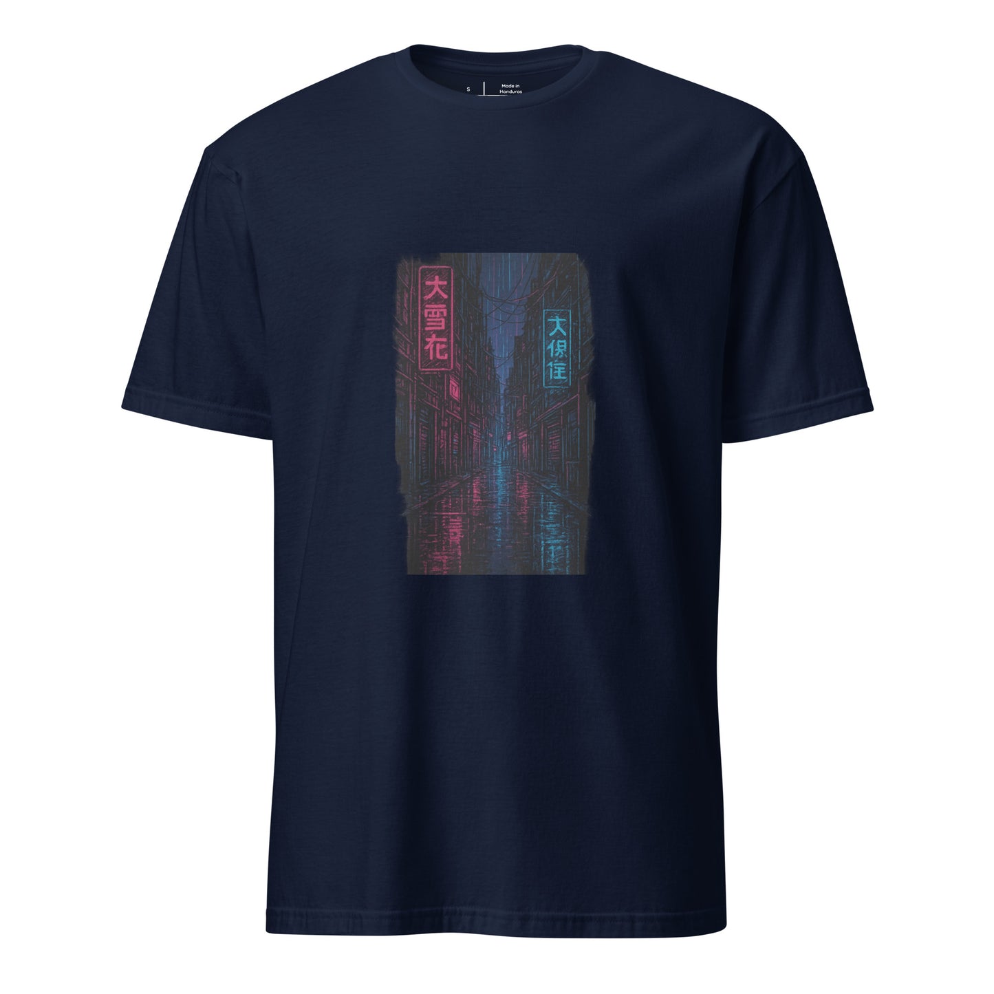 Neon Rain Alley – Cyberpunk Street Art - Short-Sleeve Unisex T-Shirt - Graphic Tee - Navy - Front