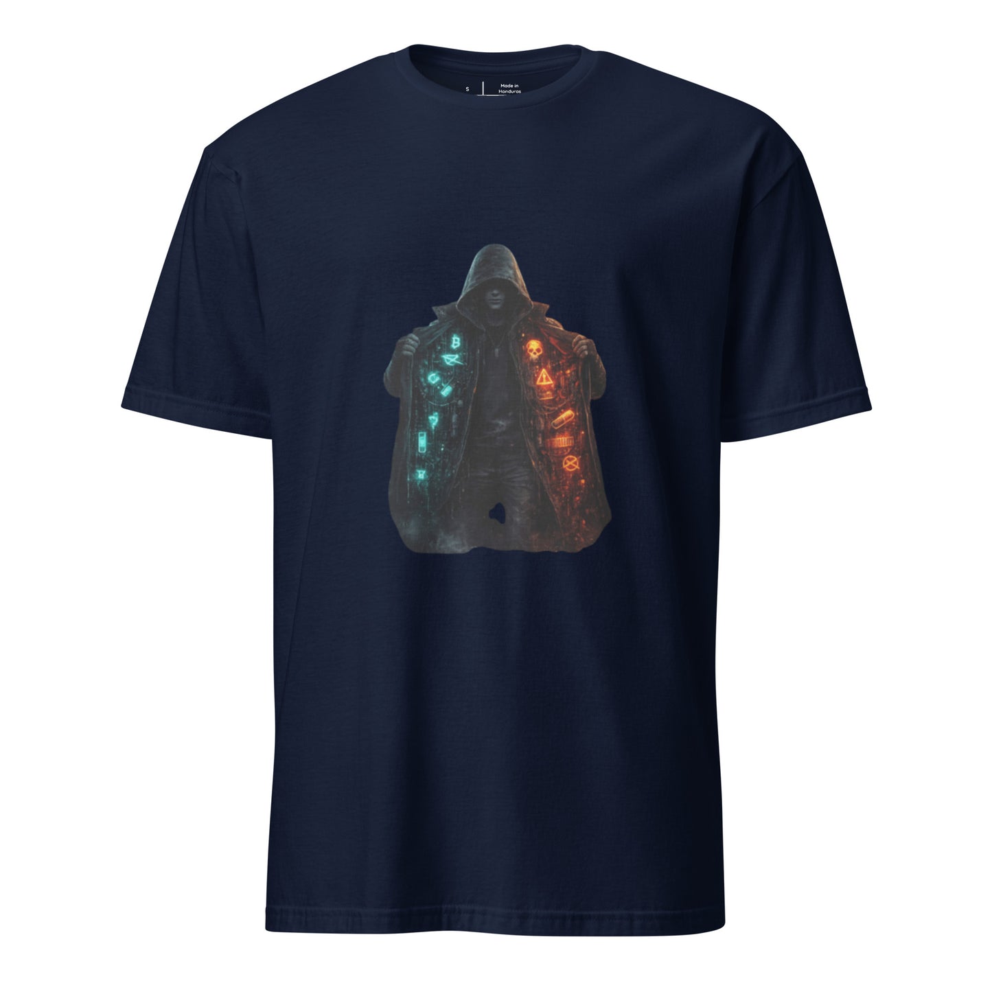 Neon Truth Smuggler – Cyber Streetwear - Short-Sleeve Unisex T-Shirt - Graphic Tee - Navy - Front