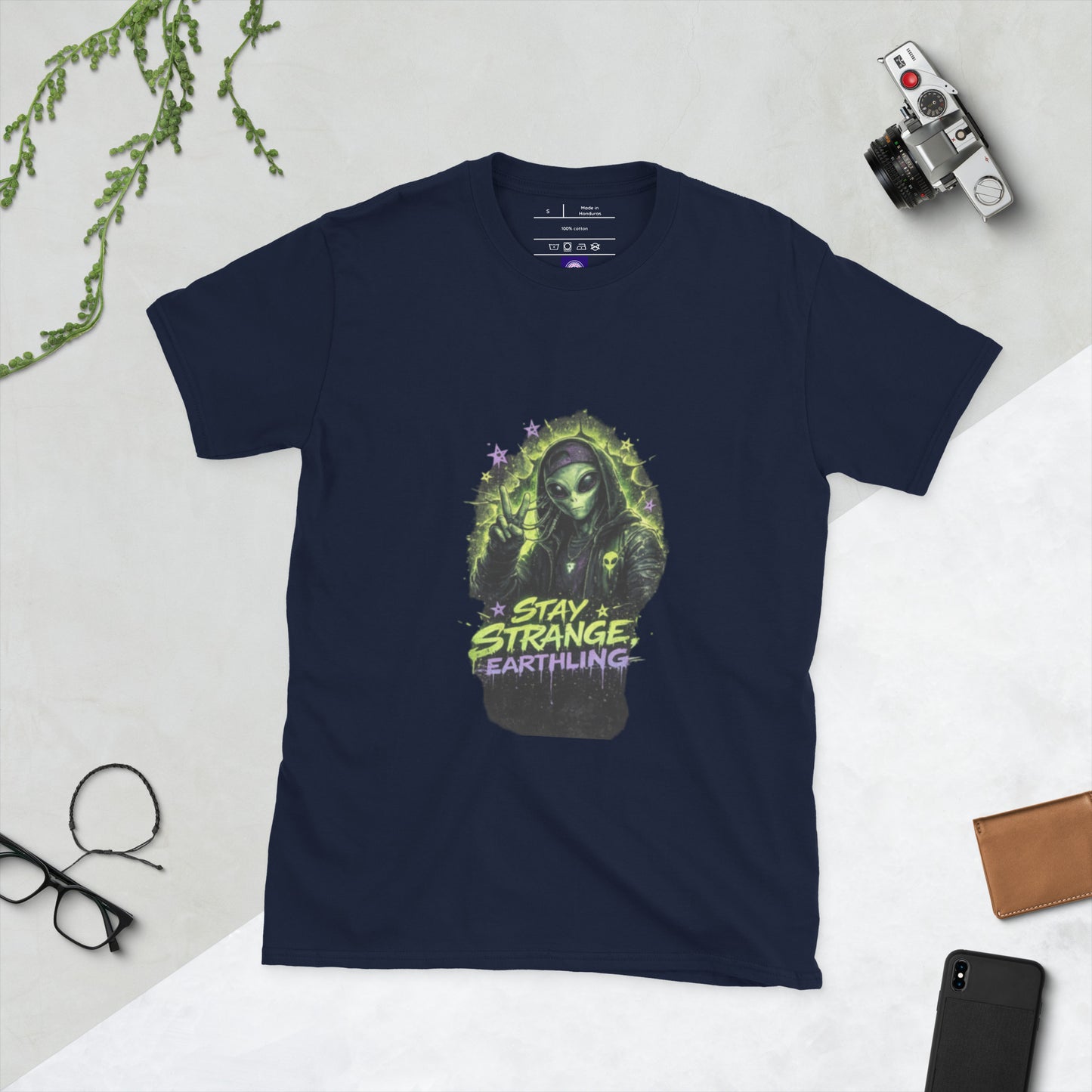 Stay Strange, Earthling – Retro Sci-Fi - Short-Sleeve Unisex T-Shirt - Graphic Tee - Navy - Front