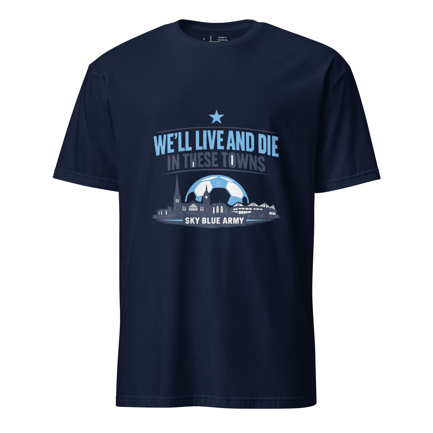 Live and Die in These Towns – Coventry Skyline - Short-Sleeve Unisex T-Shirt - Graphic Tee - Navy - Front