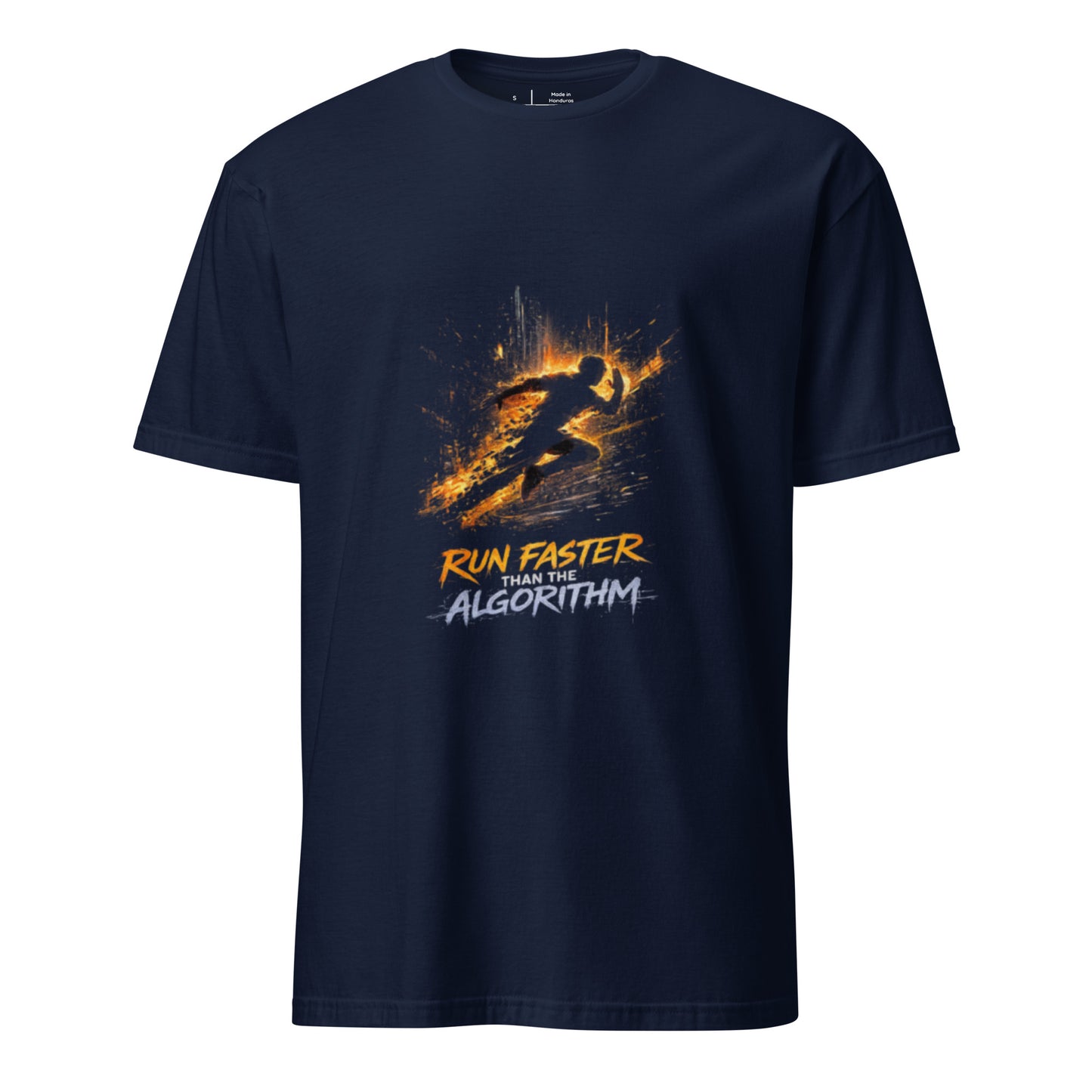 Run Faster Than The Algorithm – Cyberpunk Motion- Short-Sleeve Unisex T-Shirt - Graphic Tee - Navy - Front
