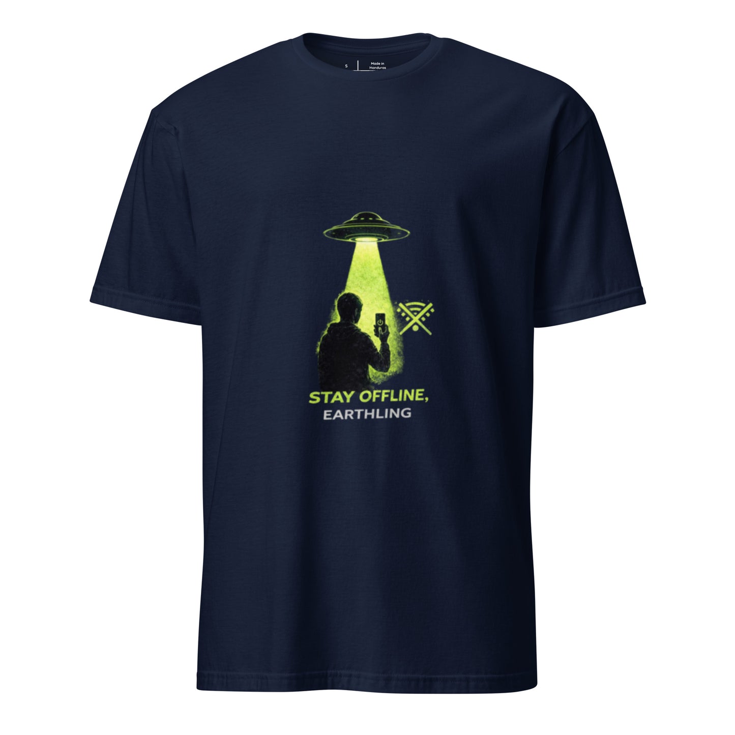 Stay Offline, Earthling – Minimal Sci-Fi Humour - Short-Sleeve Unisex T-Shirt - Graphic Tee - Navy - Front