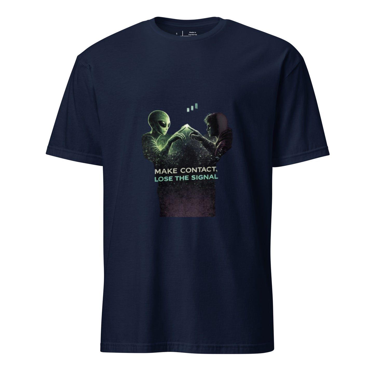 Make Contact, Lose the Signal – Minimal Sci-Fi Streetwear - Short-Sleeve Unisex T-Shirt - Graphic Tee - Navy - Front