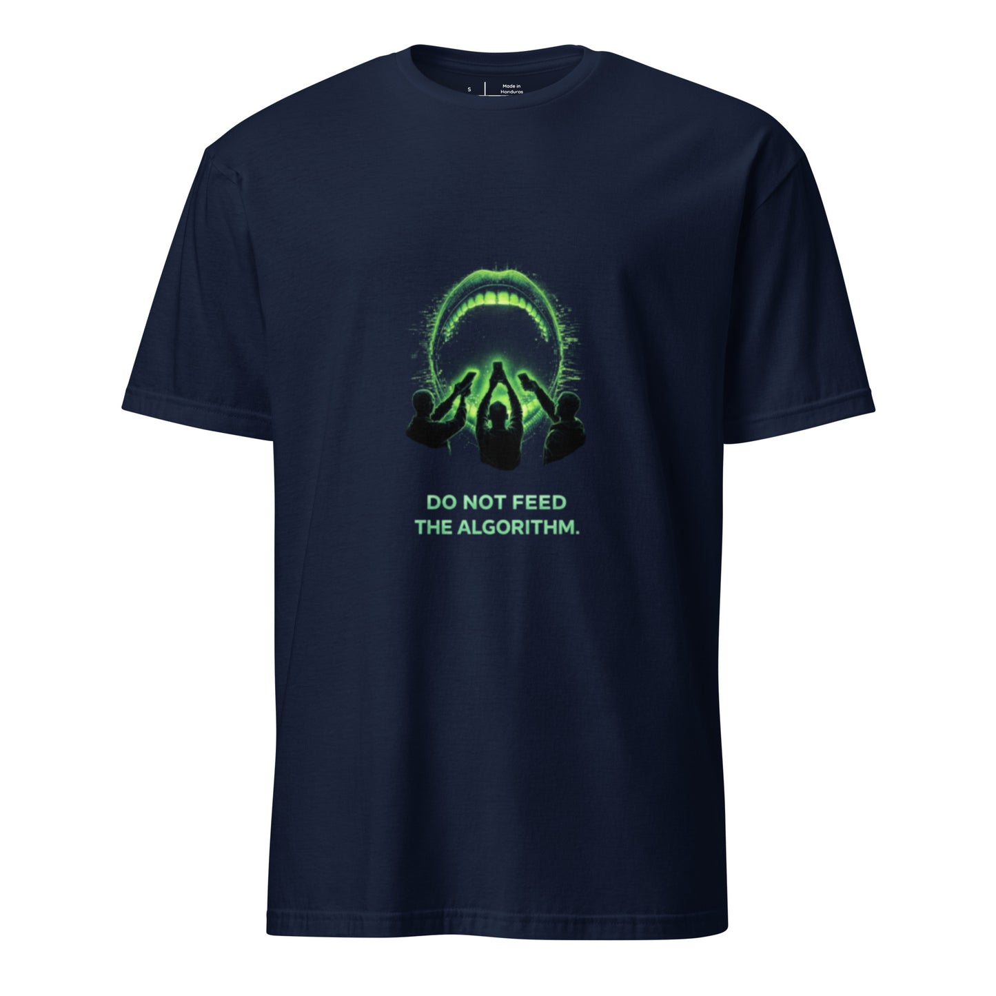Do Not Feed The Algorithm – Cyber Dystopia - Short-Sleeve Unisex T-Shirt - Graphic Tee - Navy - Front