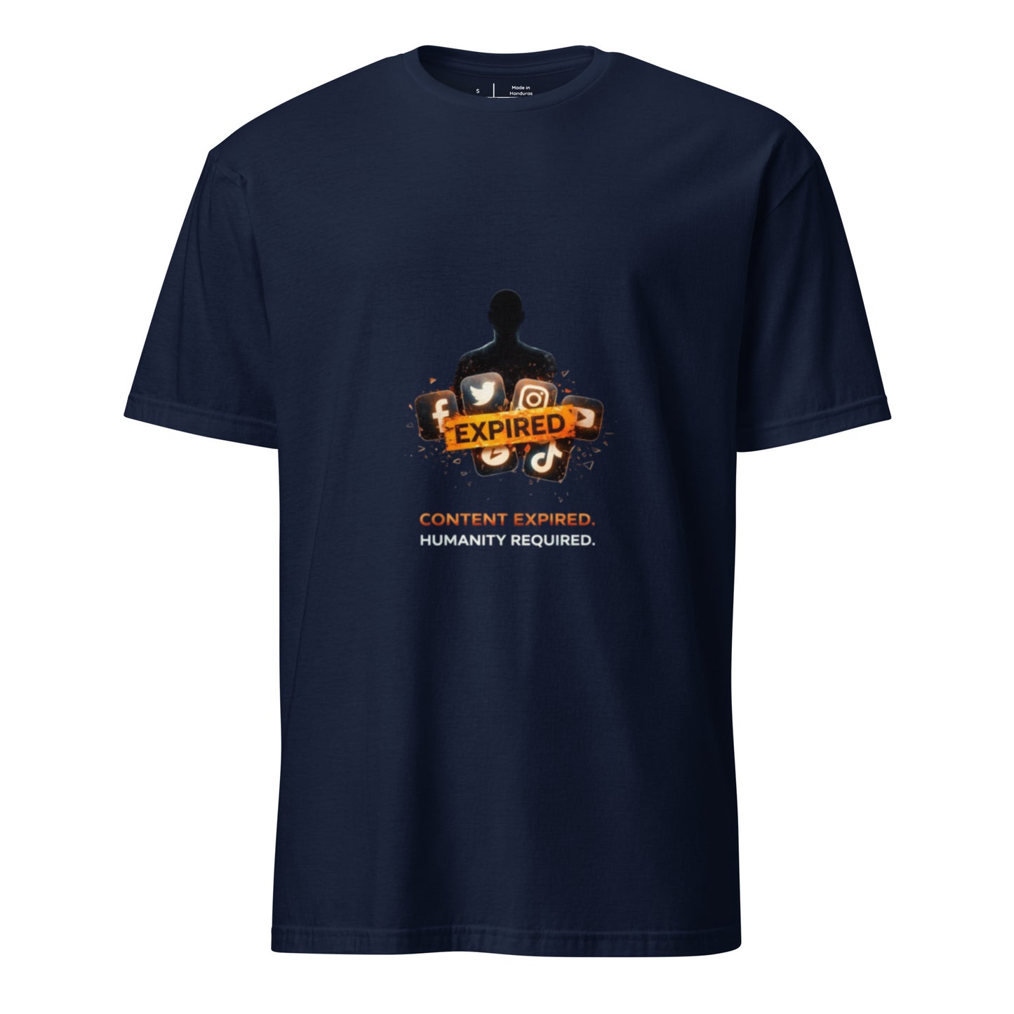 Content Expired. Humanity Required. – Cyber Propaganda - Short-Sleeve Unisex T-Shirt - Graphic Tee - Navy - Front