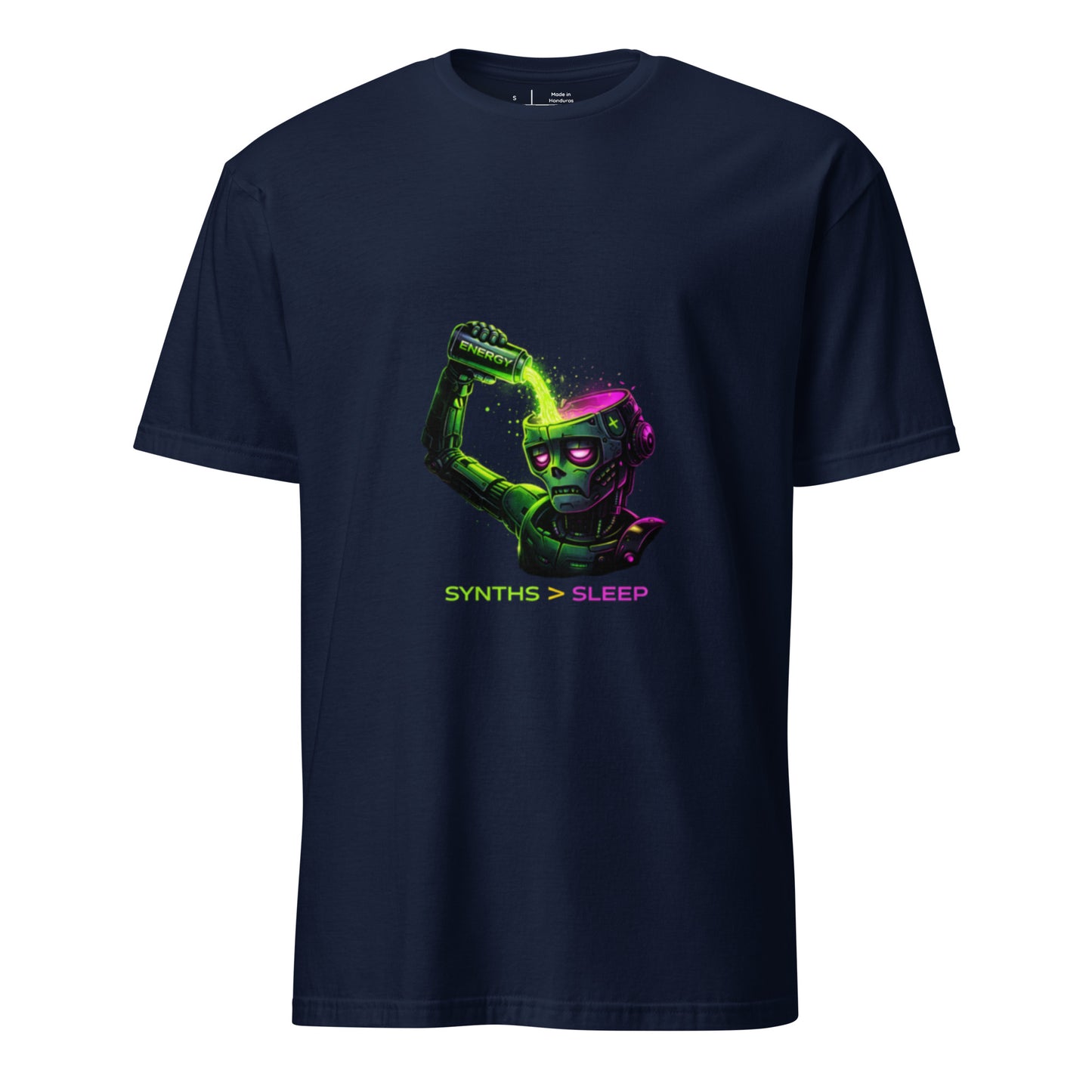 Energy Needed: Synths > Sleep – Cyber Rave - Short-Sleeve Unisex T-Shirt - Graphic Tee - Navy - Front