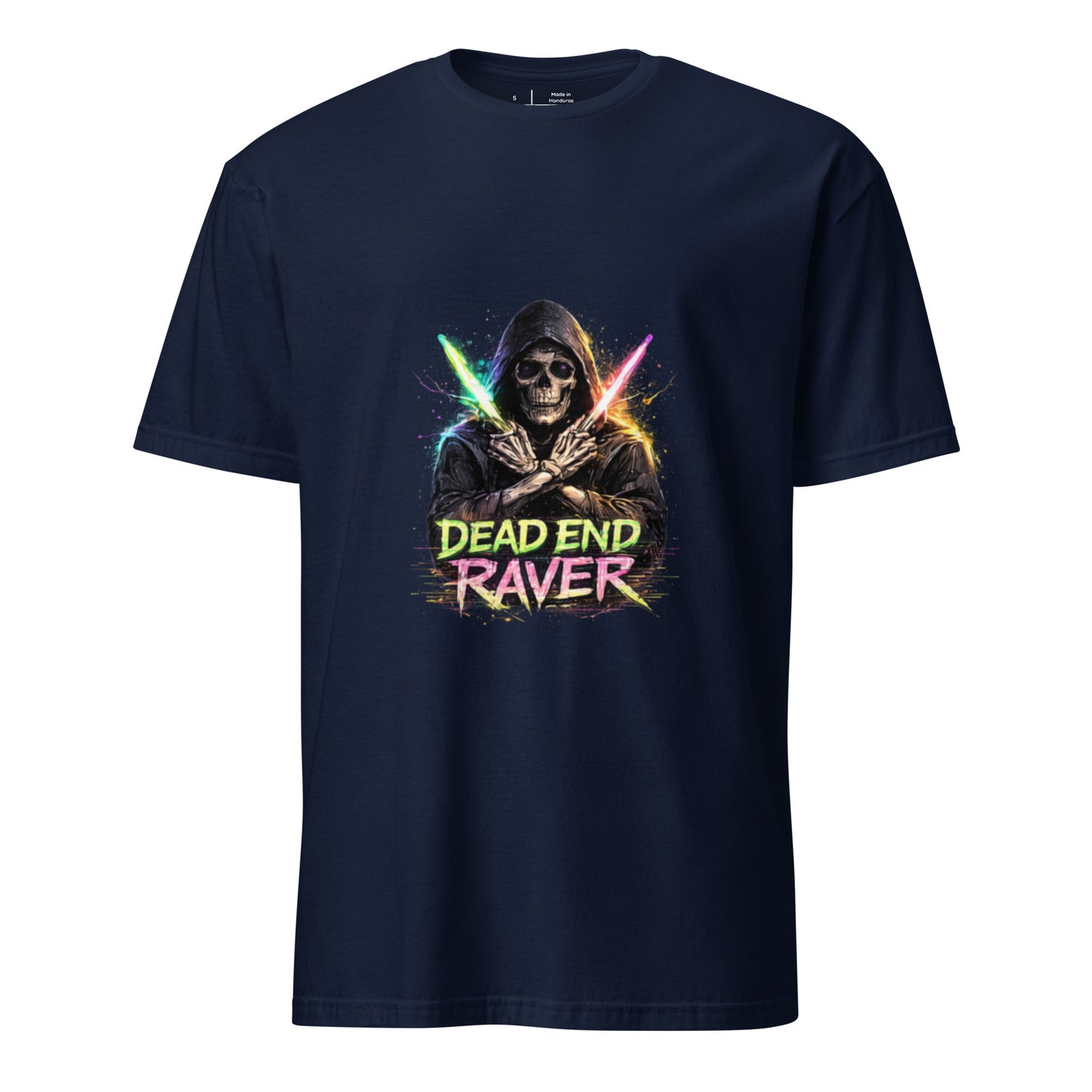 Dead End Raver – Neon Skull Rave - Short-Sleeve Unisex T-Shirt- Graphic Tee - Navy - Front  