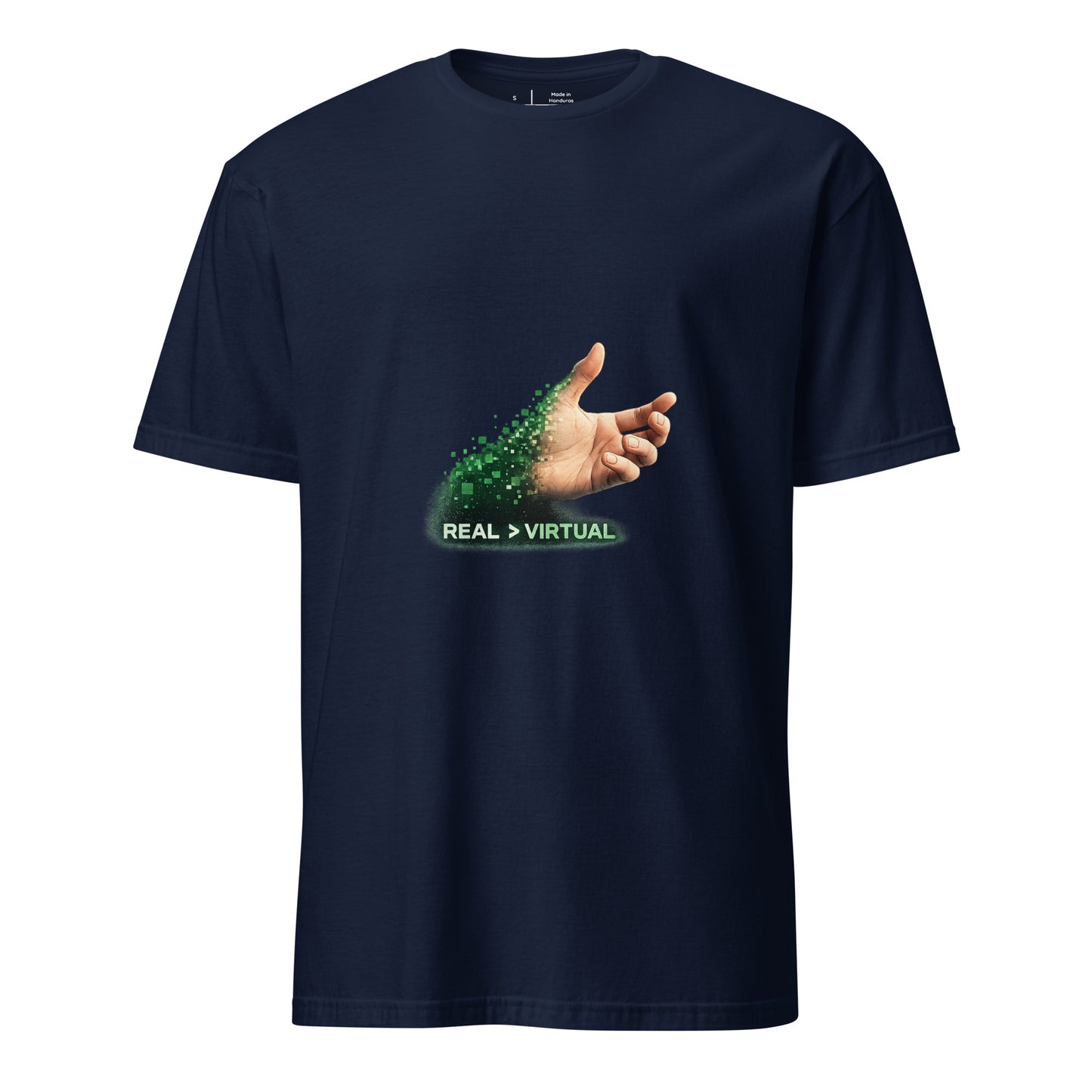 Real > Virtual – Gamer Lifestyle - Short-Sleeve Unisex T-Shirt - Graphic Tee - Navy - Front