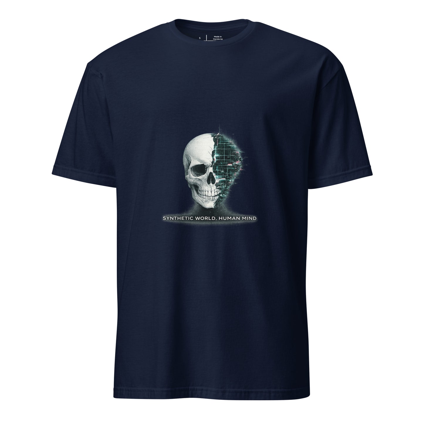Synthetic World. Human Mind. – Glitch Philosophy - Short-Sleeve Unisex T-Shirt - Graphic Tee - Navy - Front