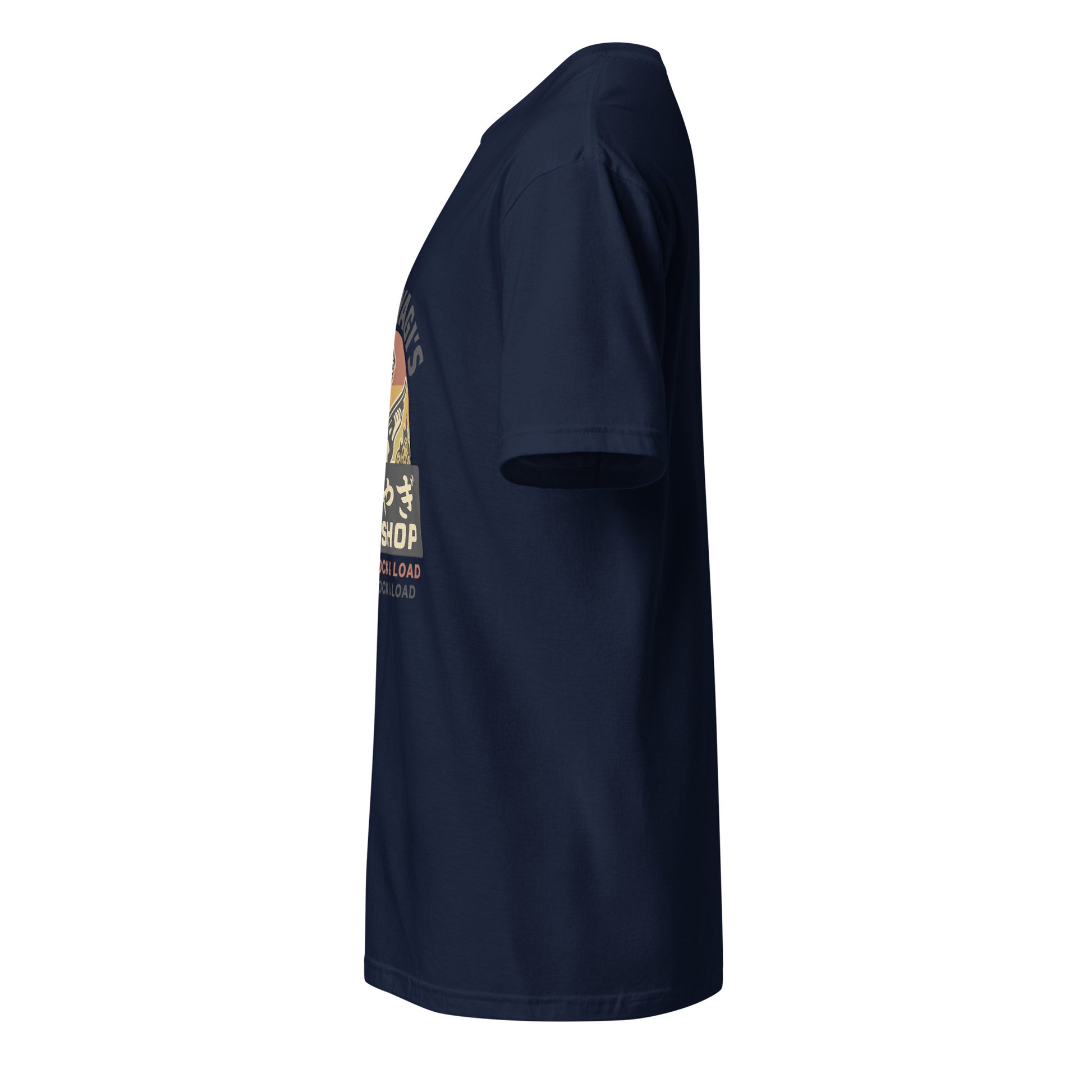 Mr. Miyagi’s Gun Shop – Wax On, Lock & Load - Short-Sleeve Unisex T-Shirt - Graphic Tee - Navy - Left side