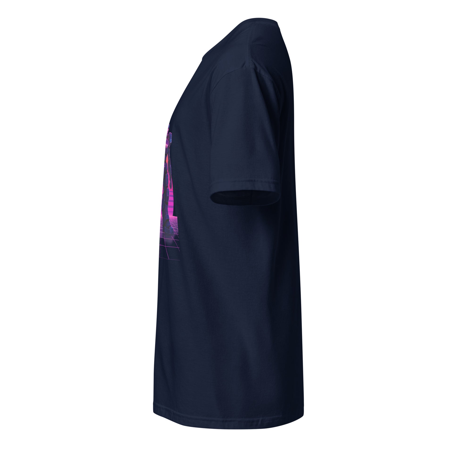 Synthwave Mech – Neon Titan - Short-Sleeve Unisex T-Shirt - Graphic Tee - Navy - Left side