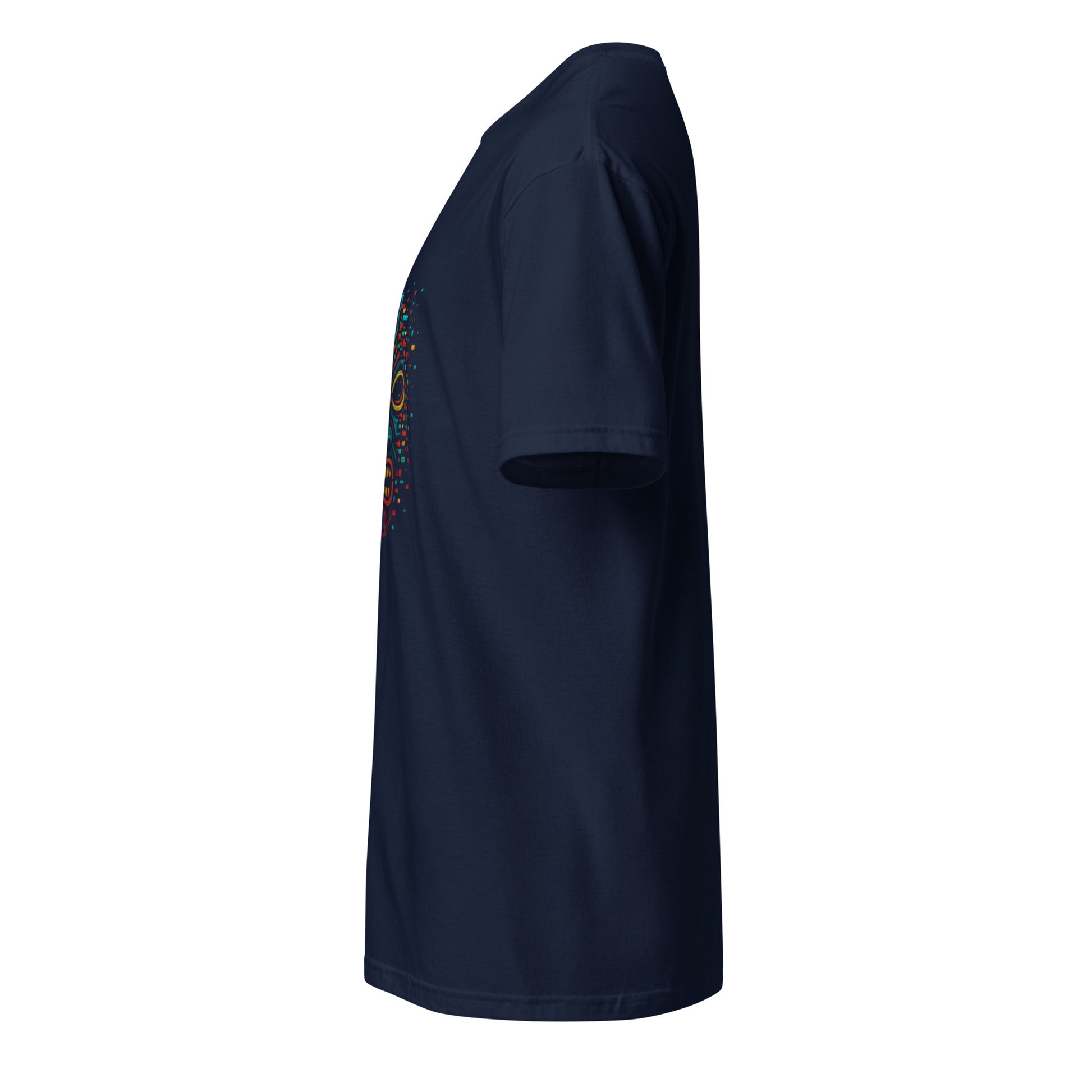 Glitch Totem Mask – Tribal Cyberpunk - Short-Sleeve Unisex T-Shirt - Graphic Tee - Navy - Left side