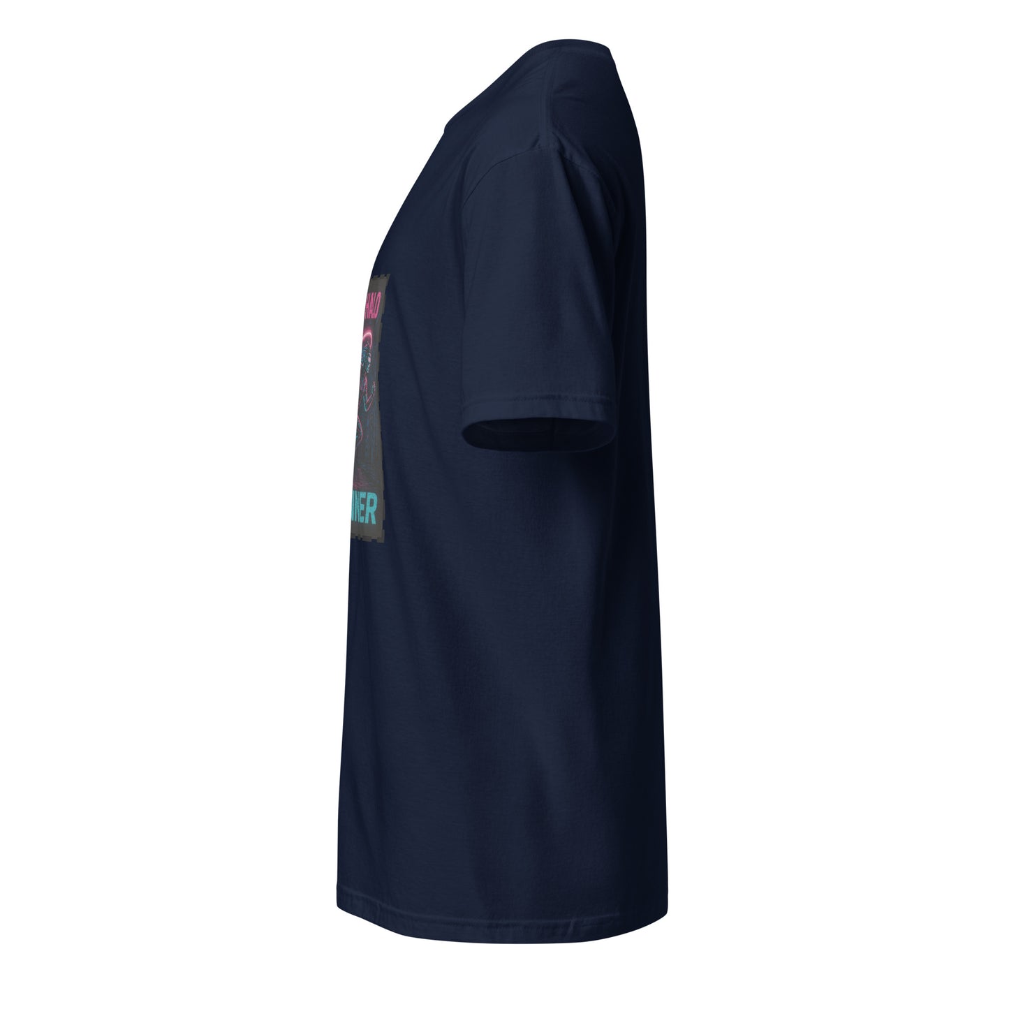 Neon Halo Runner - Cyber Adrenaline - Short-Sleeve Unisex T-Shirt - Graphic Tee - Navy - Left side