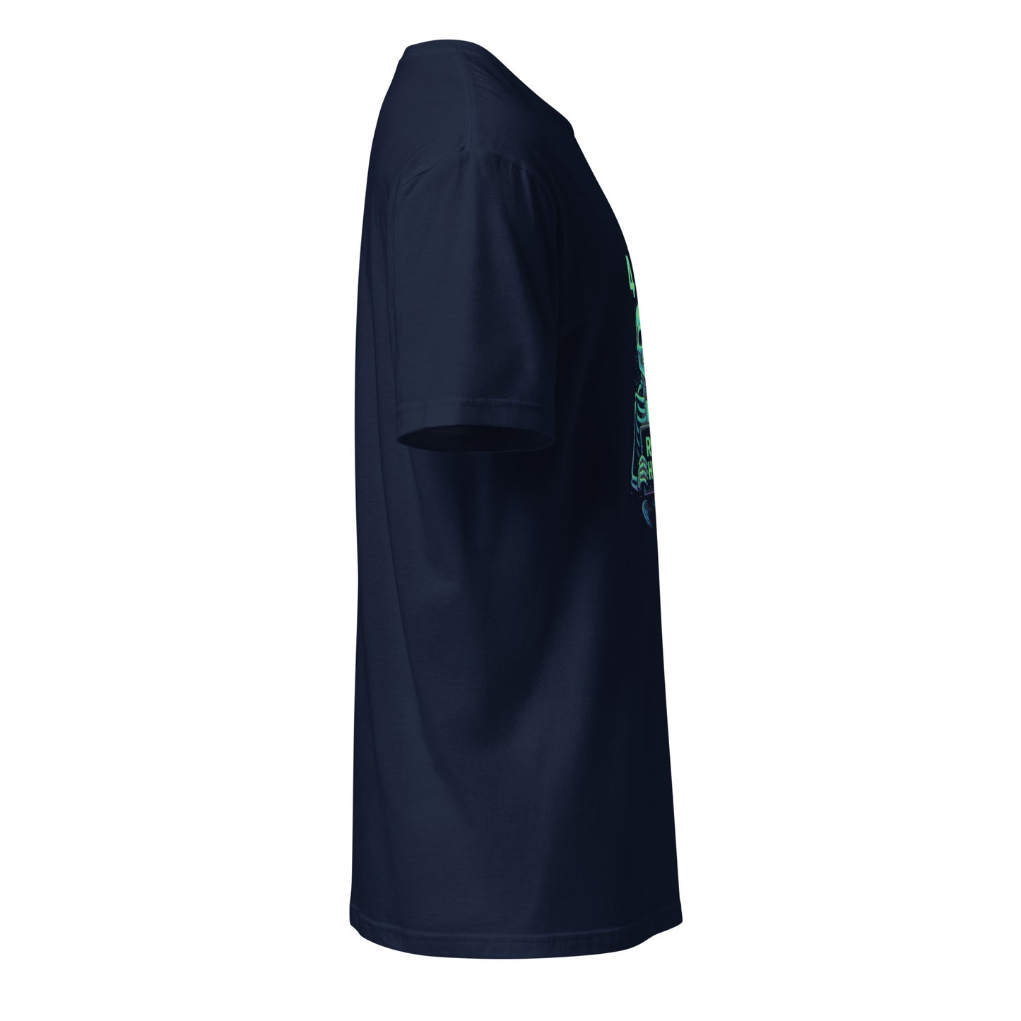 Product mockup 404: Costume Not Found – Glitched Skeleton - Short-Sleeve Unisex T-Shirt - Graphic Tee - Navy - Right side