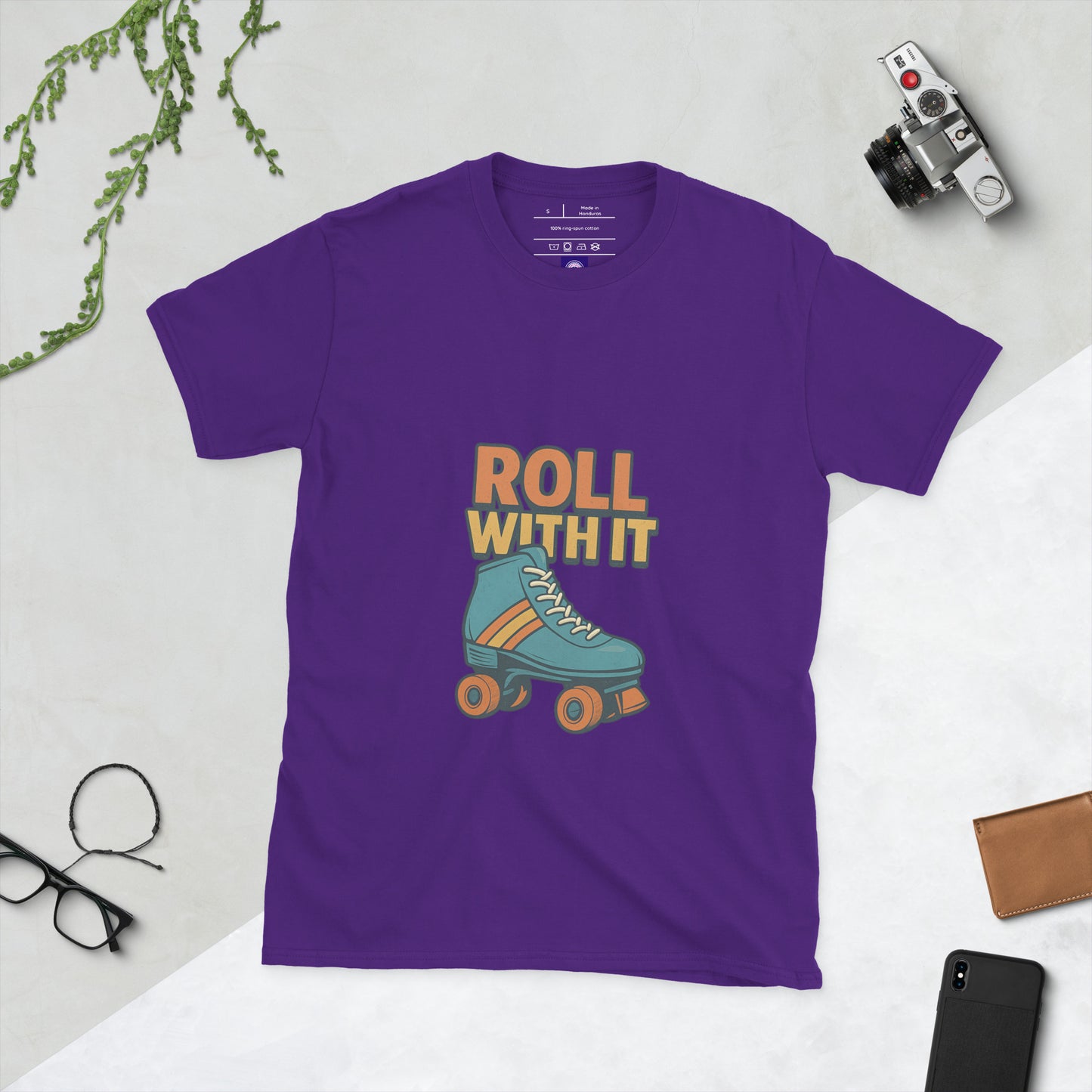Roll With It - Retro Roller Skate Vibes - Short-Sleeve Unisex T-Shirt - Graphic Tee - Purple - Front