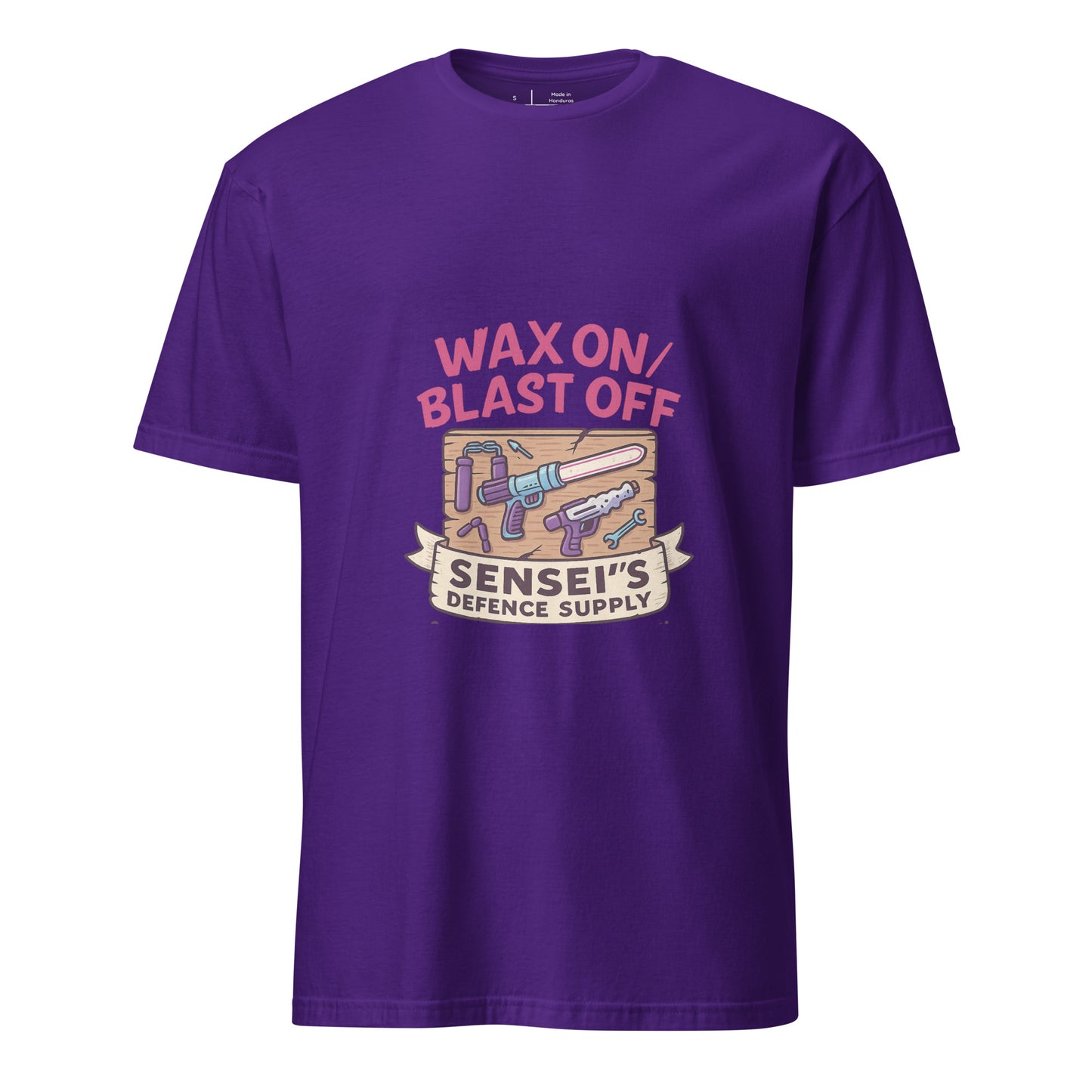 Wax On/Blast Off – Retro Karate Space - Short-Sleeve Unisex T-Shirt - Graphic Tee - Purple - Front