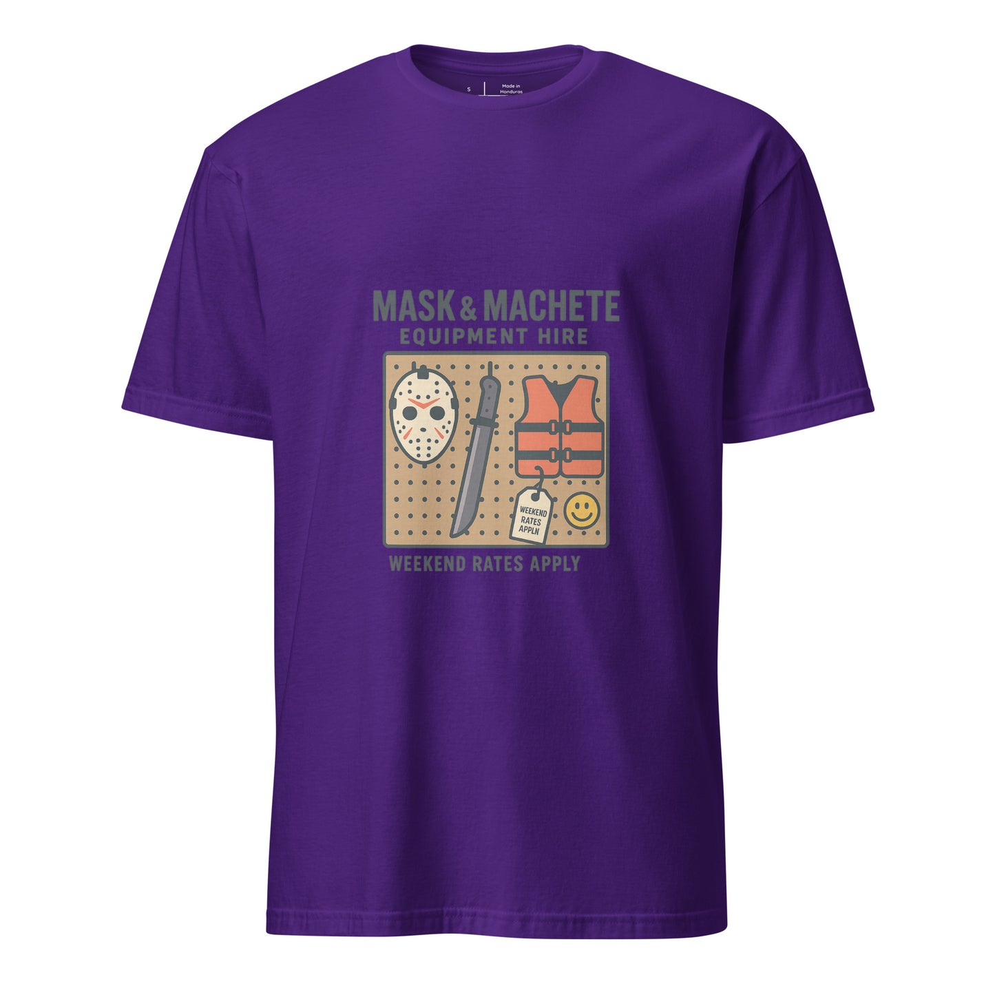 Mask & Machete Equipment Hire – For All Your Slasher Needs - Short-Sleeve Unisex T-Shirt - Graphic Tee - Purple - Front