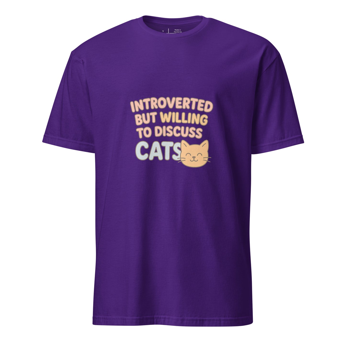 Introverted But Willing To Discuss Cats – Cozy Cat Lovers - Short-Sleeve Unisex T-Shirt - Graphic Tee - Purple - Front