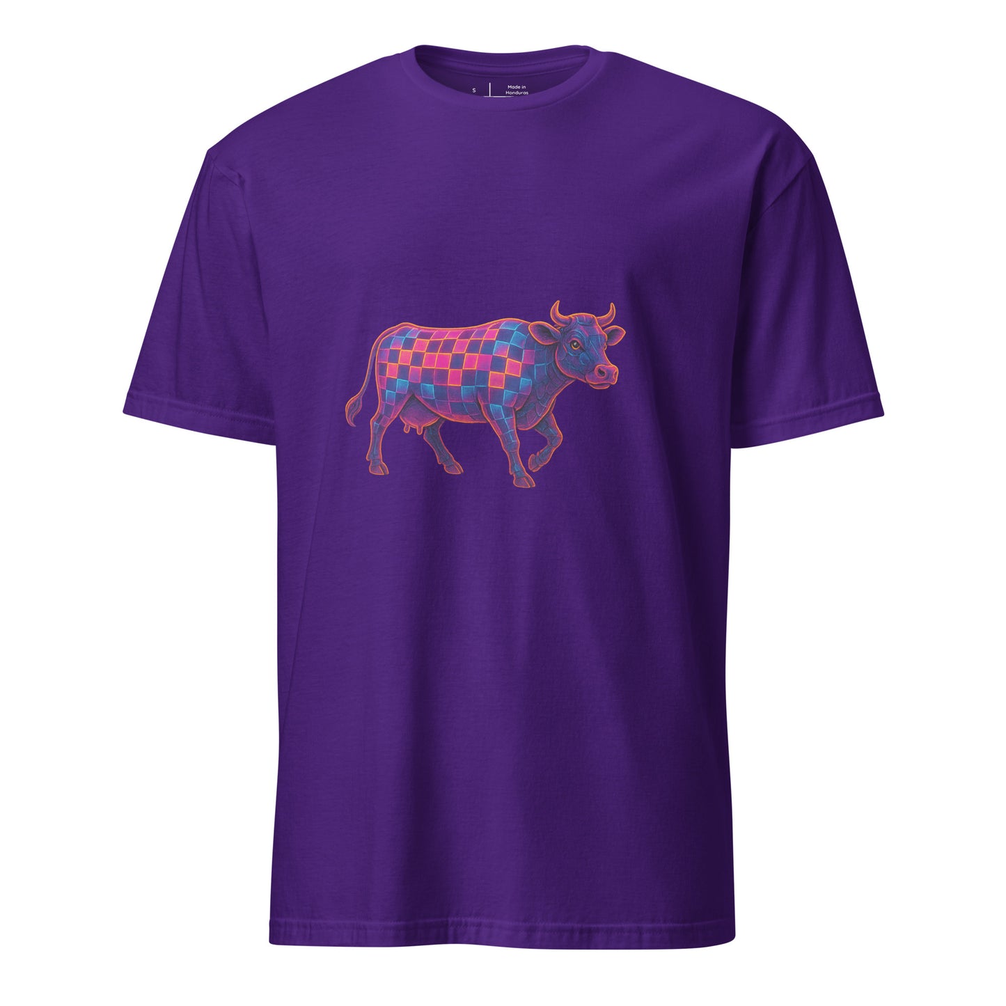 Cyber Cow – Futuristic Neon Bovine - Short-Sleeve Unisex T-Shirt - Graphic Tee - Purple - Front