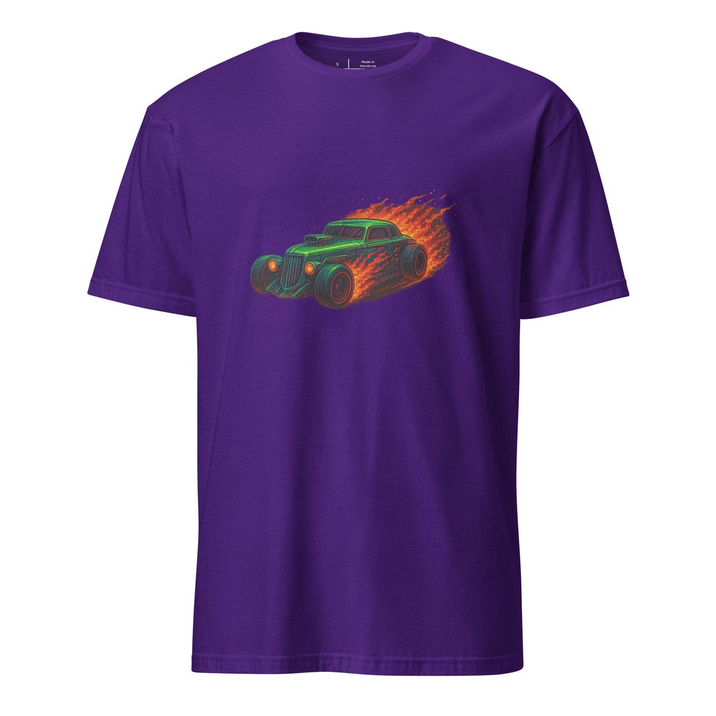 Pixel Hot Rod – Retro Fire Meets Digital - Short-Sleeve Unisex T-Shirt - Graphic Tee - Purple - Front