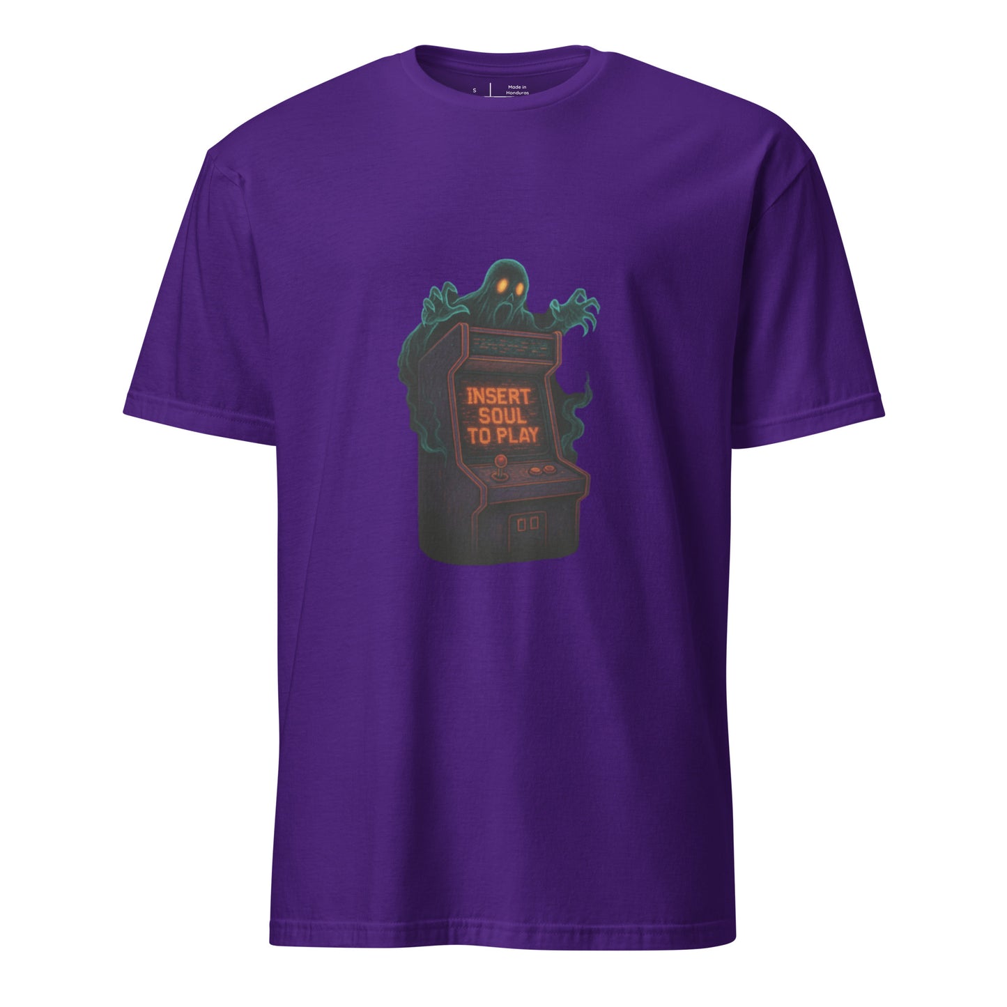 Haunted Neon Arcade Machine – “Insert Soul to Play” Retro Horror - Short-Sleeve Unisex T-Shirt - Graphic Tee - Purple - Front