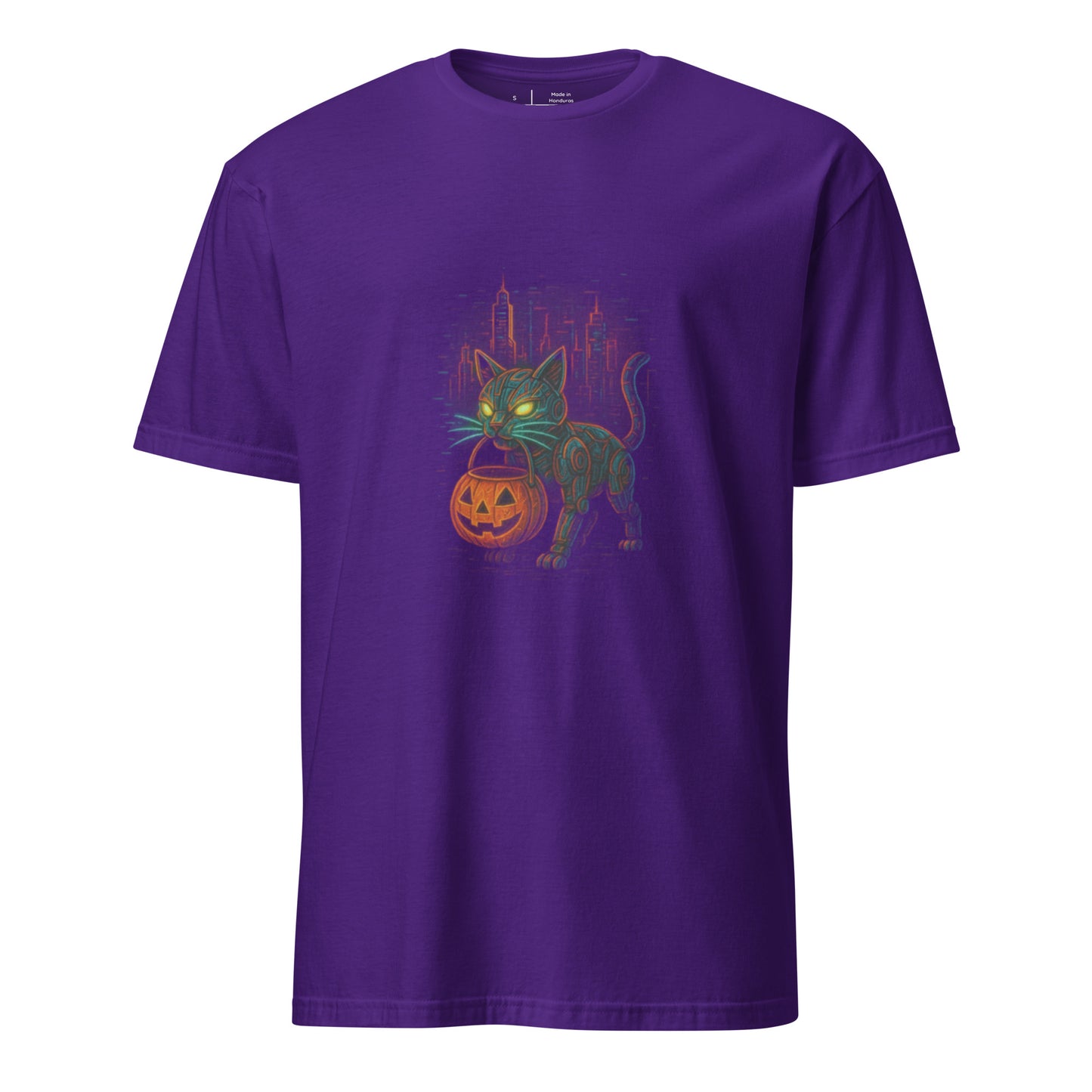 Trick-or-Treat Cyborg Cat – Cyberpunk Halloween - Short-Sleeve Unisex T-Shirt - Graphic Tee - Purple - Front