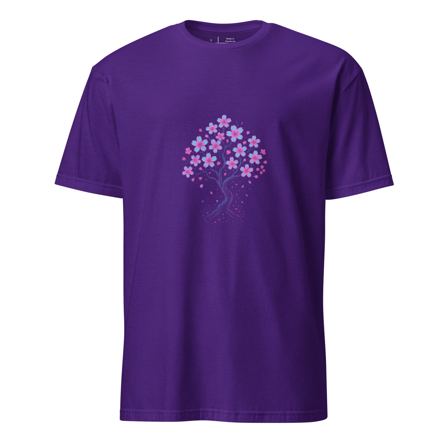 Digital Sakura Blossom – Holographic Harmony - Short-Sleeve Unisex T-Shirt - Graphic Tee - Purple - Front