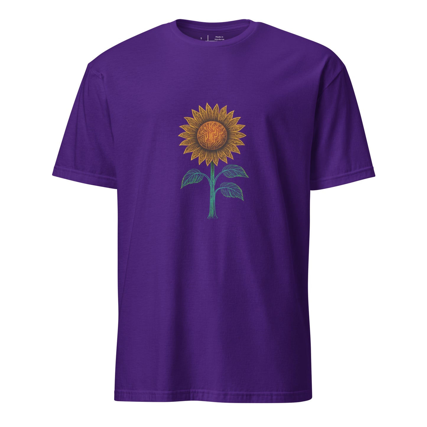 Circuitry Sunflower – Neon Tech Bloom - Short-Sleeve Unisex T-Shirt - Graphic Tee - Purple - Front