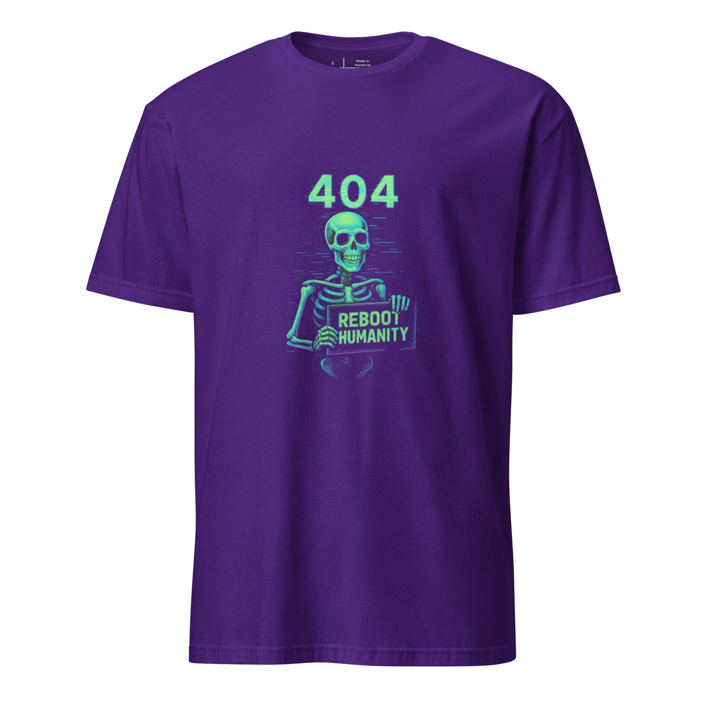 Product mockup 404: Costume Not Found – Glitched Skeleton - Short-Sleeve Unisex T-Shirt - Graphic Tee - Purple - Front
