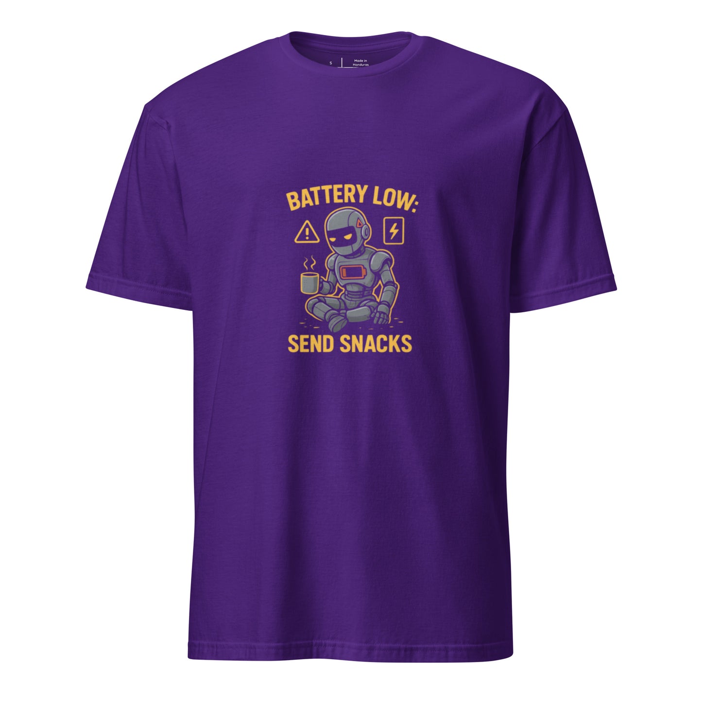 Battery Low: Send Snacks – Funny Robot - Short-Sleeve Unisex T-Shirt - Graphic Tee - Purple - Front