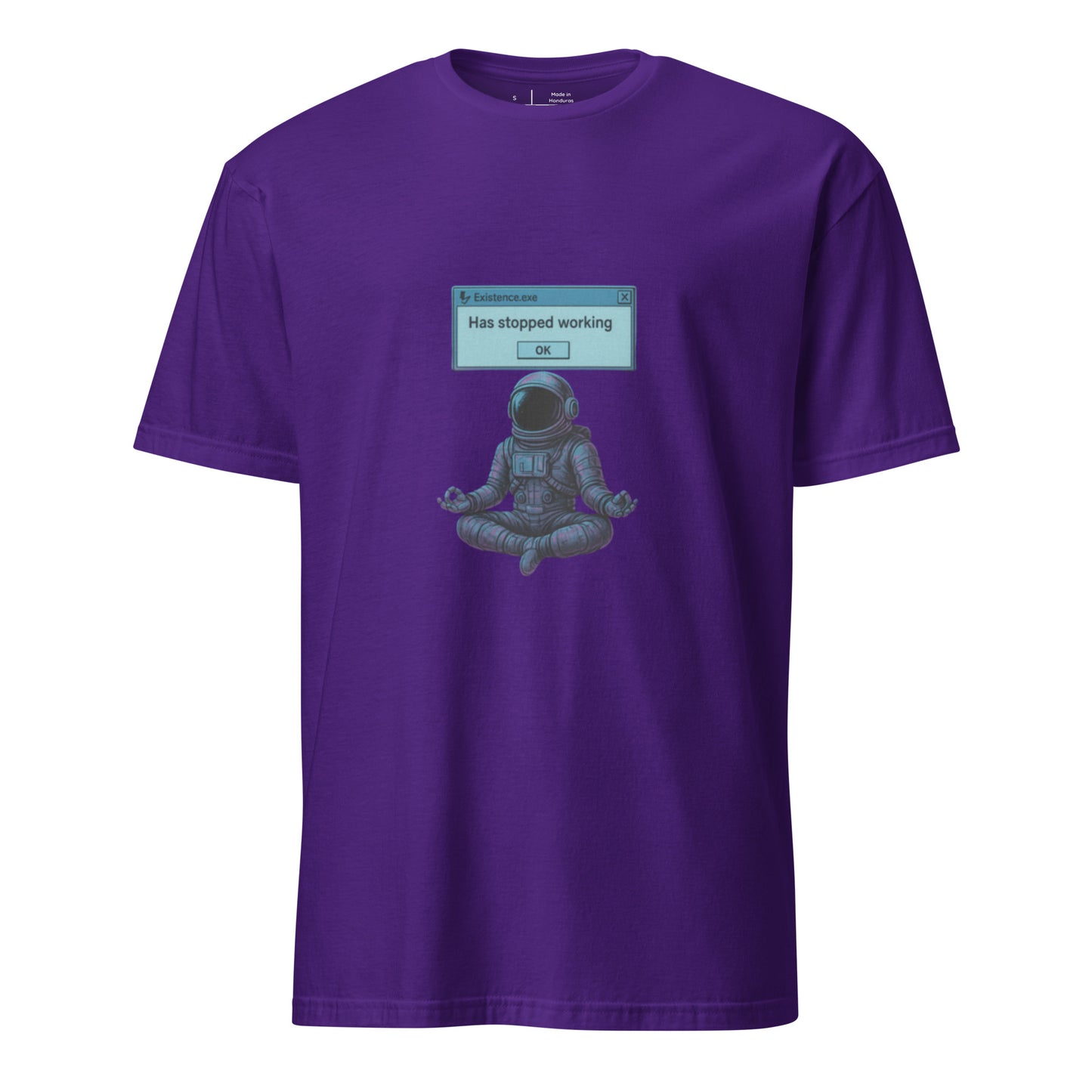 Existence.exe Has Stopped Working – Meditating Astronaut Glitch - Short-Sleeve Unisex T-Shirt - Graphic Tee - Purple - Front