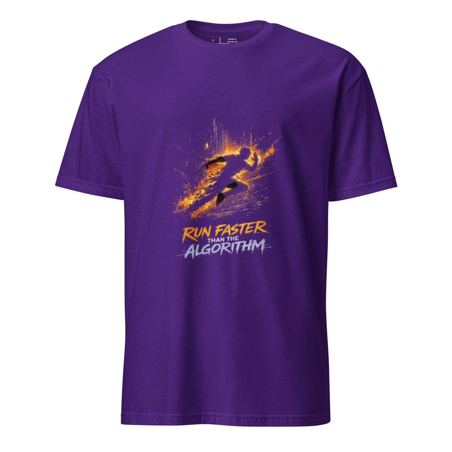Run Faster Than The Algorithm – Cyberpunk Motion- Short-Sleeve Unisex T-Shirt - Graphic Tee - Purple - Front
