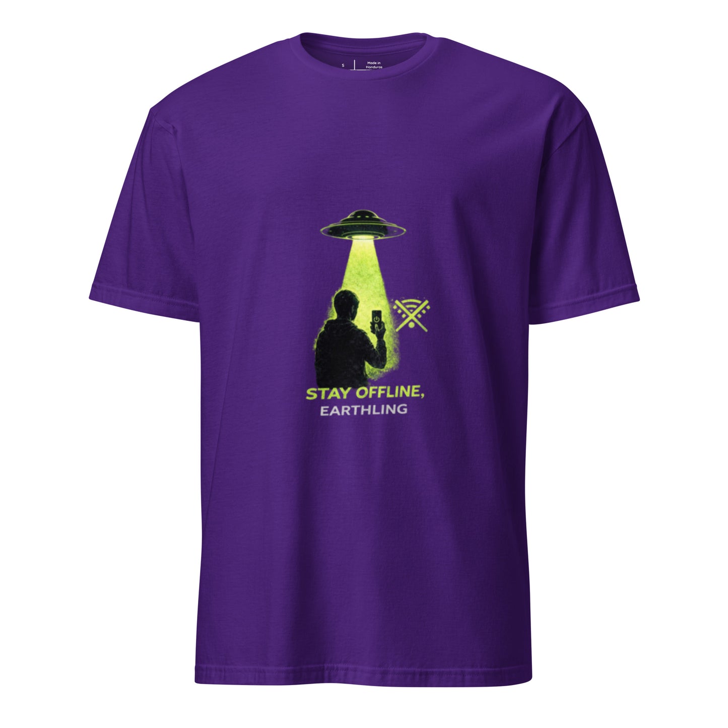 Stay Offline, Earthling – Minimal Sci-Fi Humour - Short-Sleeve Unisex T-Shirt - Graphic Tee - Purple - Front