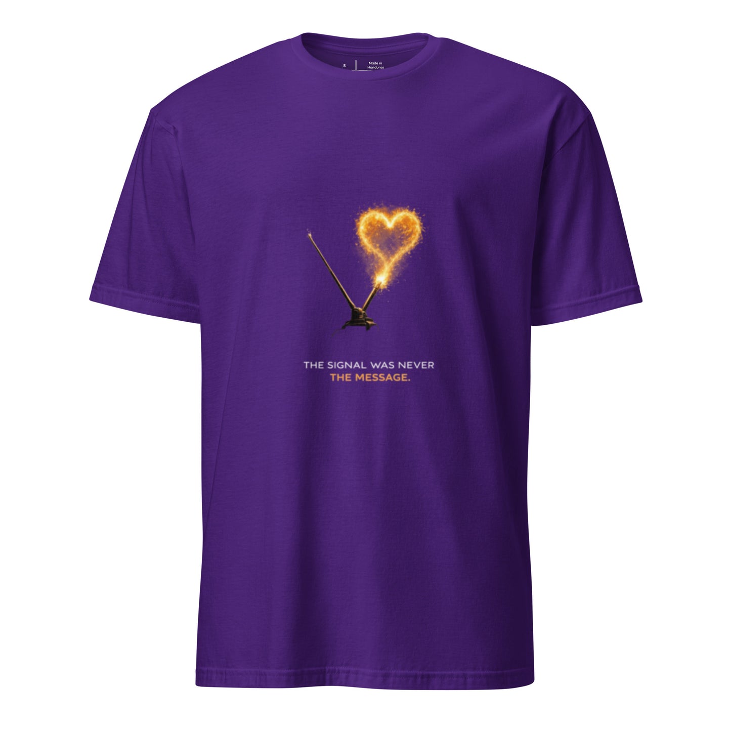 The Signal Was Never The Message – Minimal Cyber Poetry - Short-Sleeve Unisex T-Shirt - Graphic Tee - Purple - Front