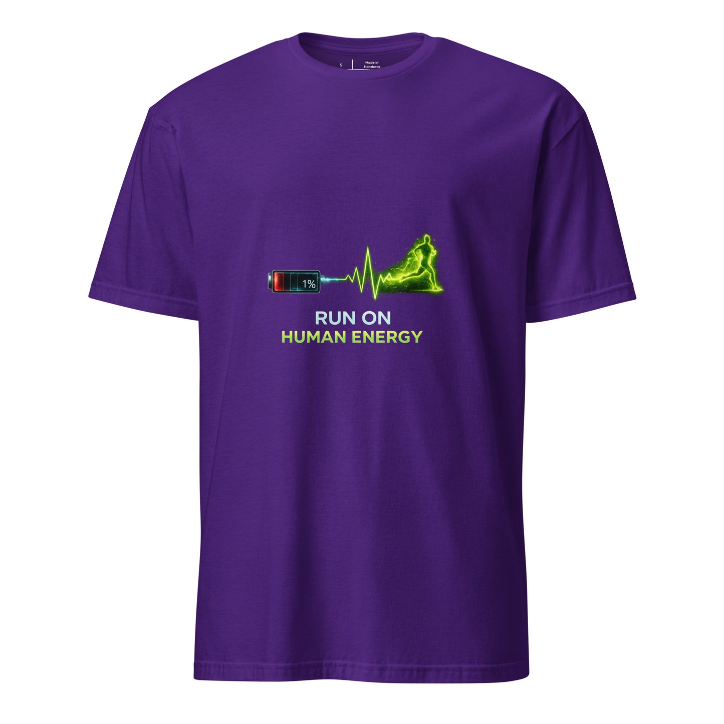 Run On Human Energy – Motivational Fitness - Short-Sleeve Unisex T-Shirt - Graphic Tee - Purple - Front
