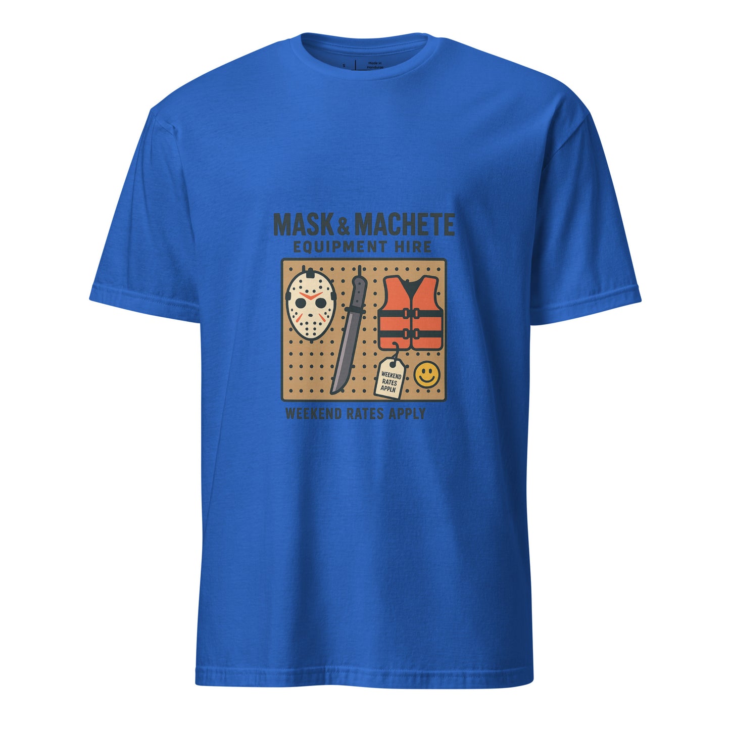 Mask & Machete Equipment Hire – For All Your Slasher Needs - Short-Sleeve Unisex T-Shirt - Graphic Tee - Royal Blue - Front