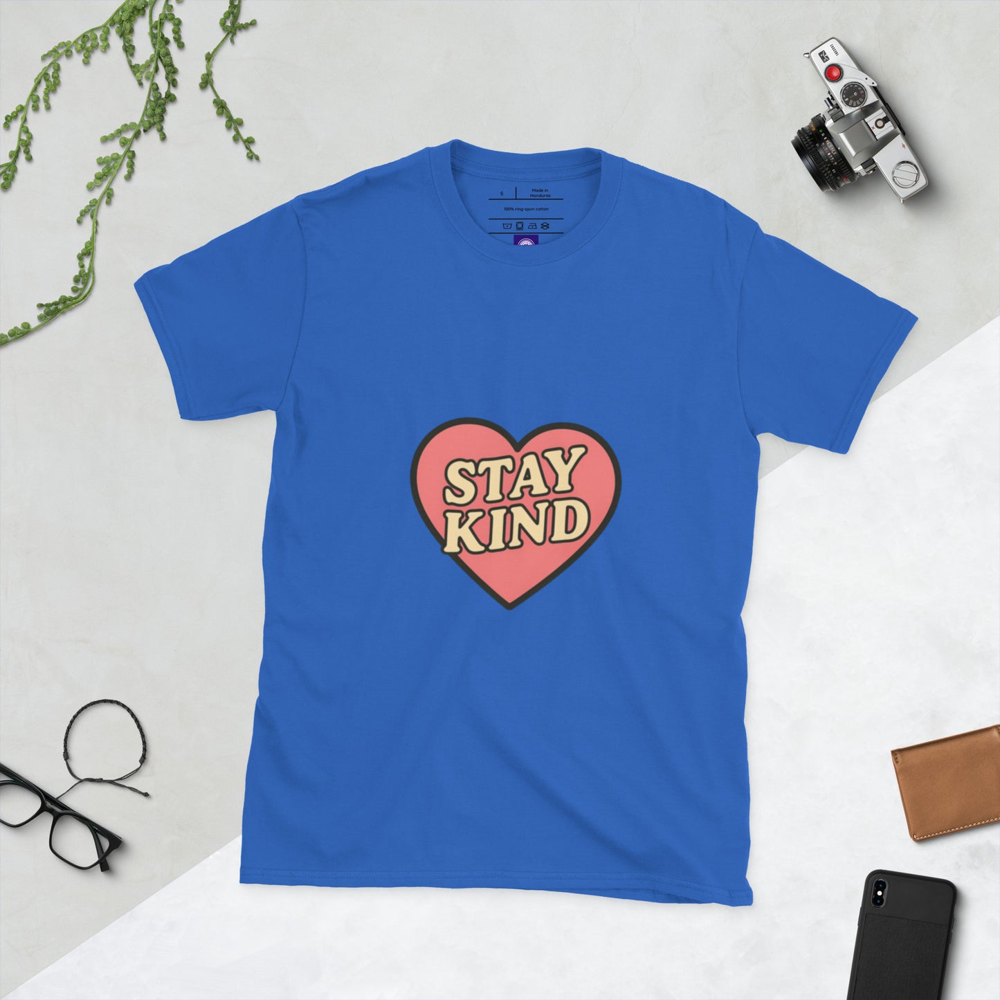 Stay Kind – Retro Heart Typography - Short-Sleeve Unisex T-Shirt - Graphic Tee - Royal Blue - Front