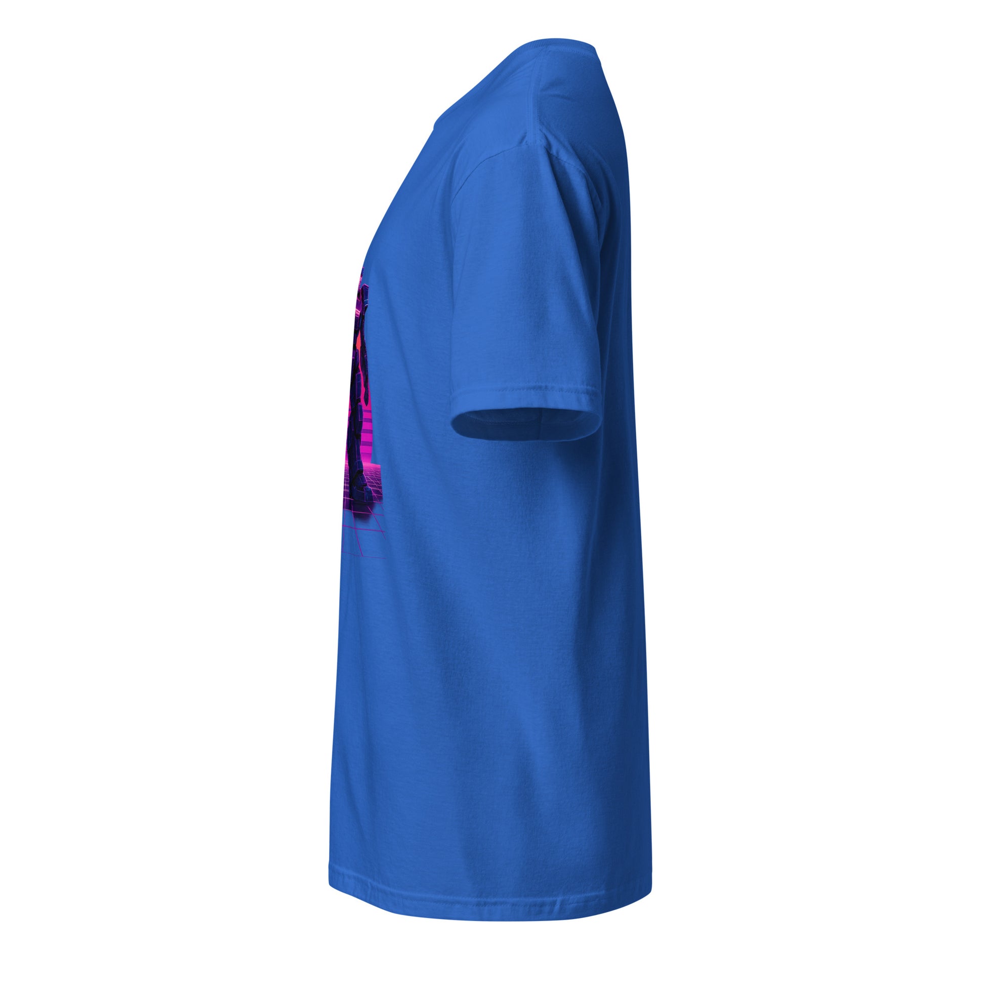 Synthwave Mech – Neon Titan - Short-Sleeve Unisex T-Shirt - Graphic Tee - Royal Blue - Left side