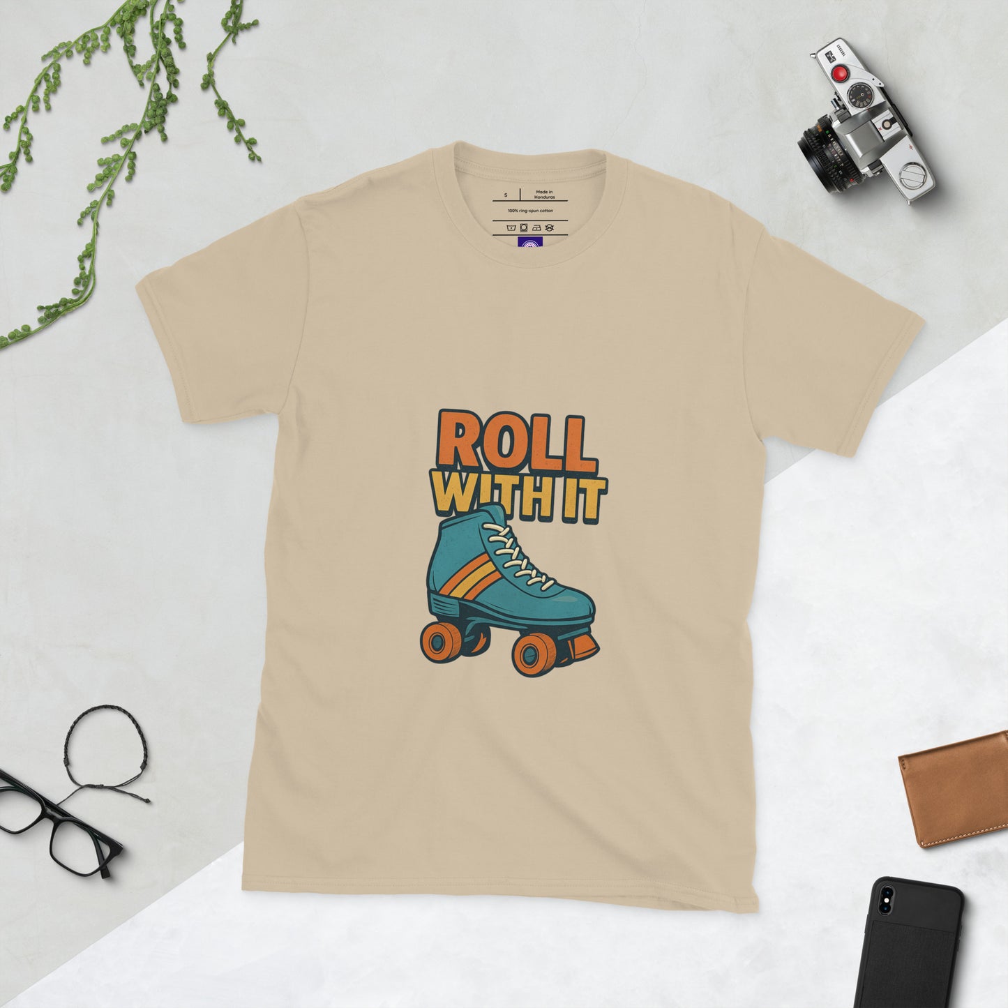 Roll With It - Retro Roller Skate Vibes - Short-Sleeve Unisex T-Shirt - Graphic Tee - Sand - Front