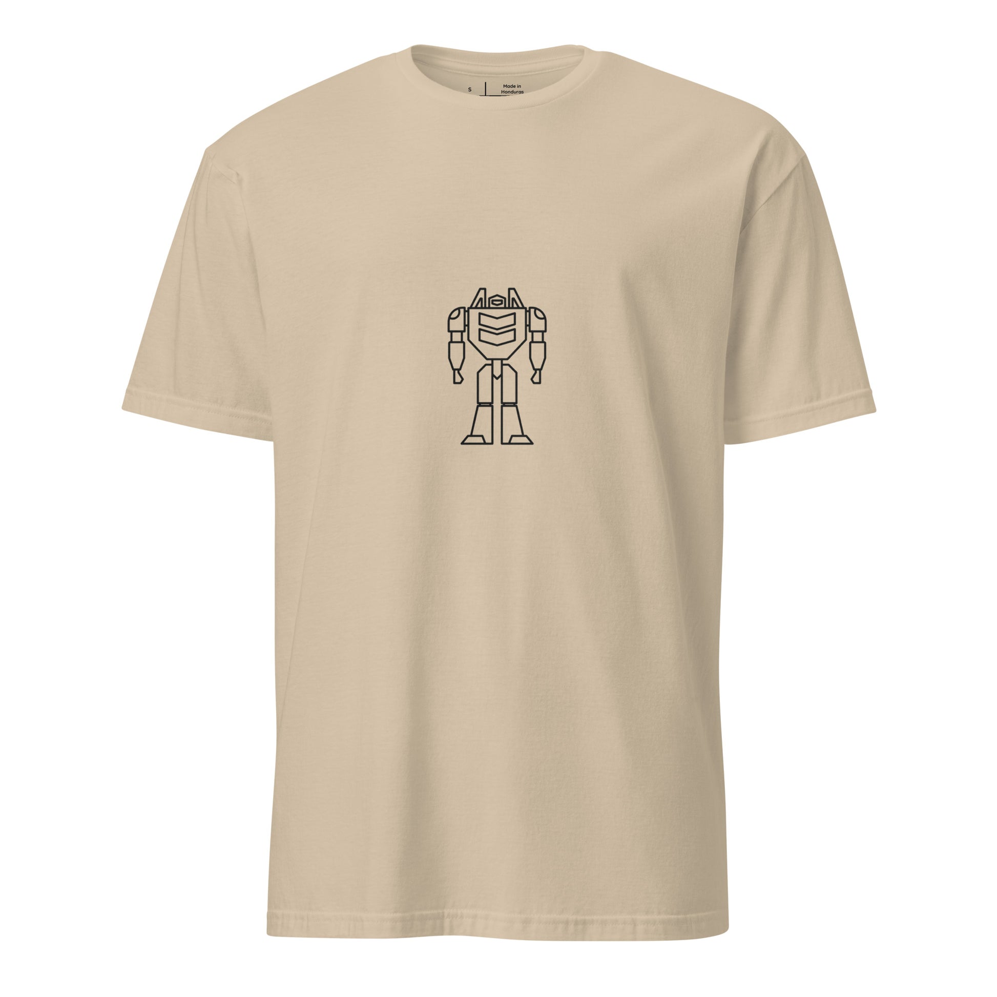 Mech Minimalist 3 - Black Line-Art Robot Design - Short-Sleeve Unisex T-Shirt - Graphic Tee - Sand - Front